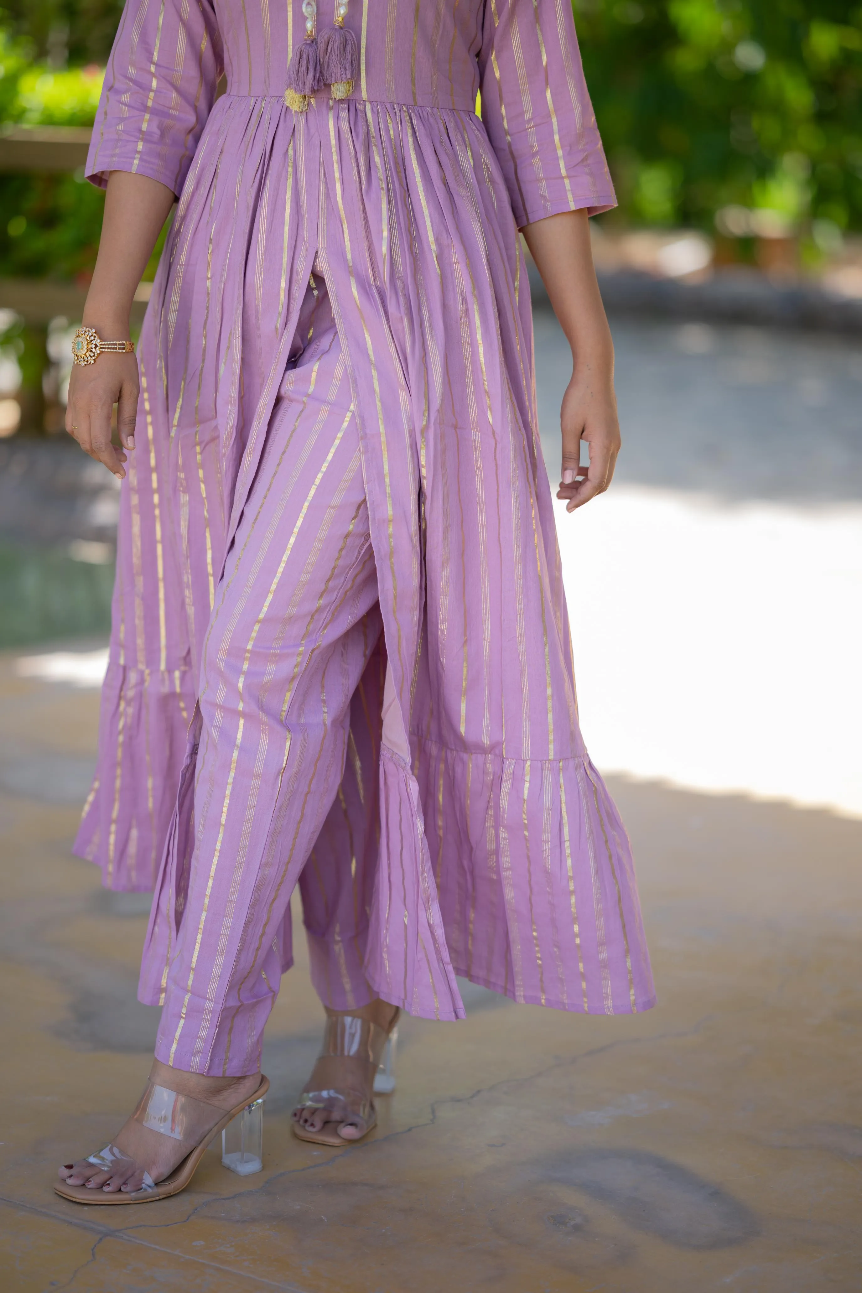Ayra ( lilac ) - lurex cotton anarkali suit set in lilac colour