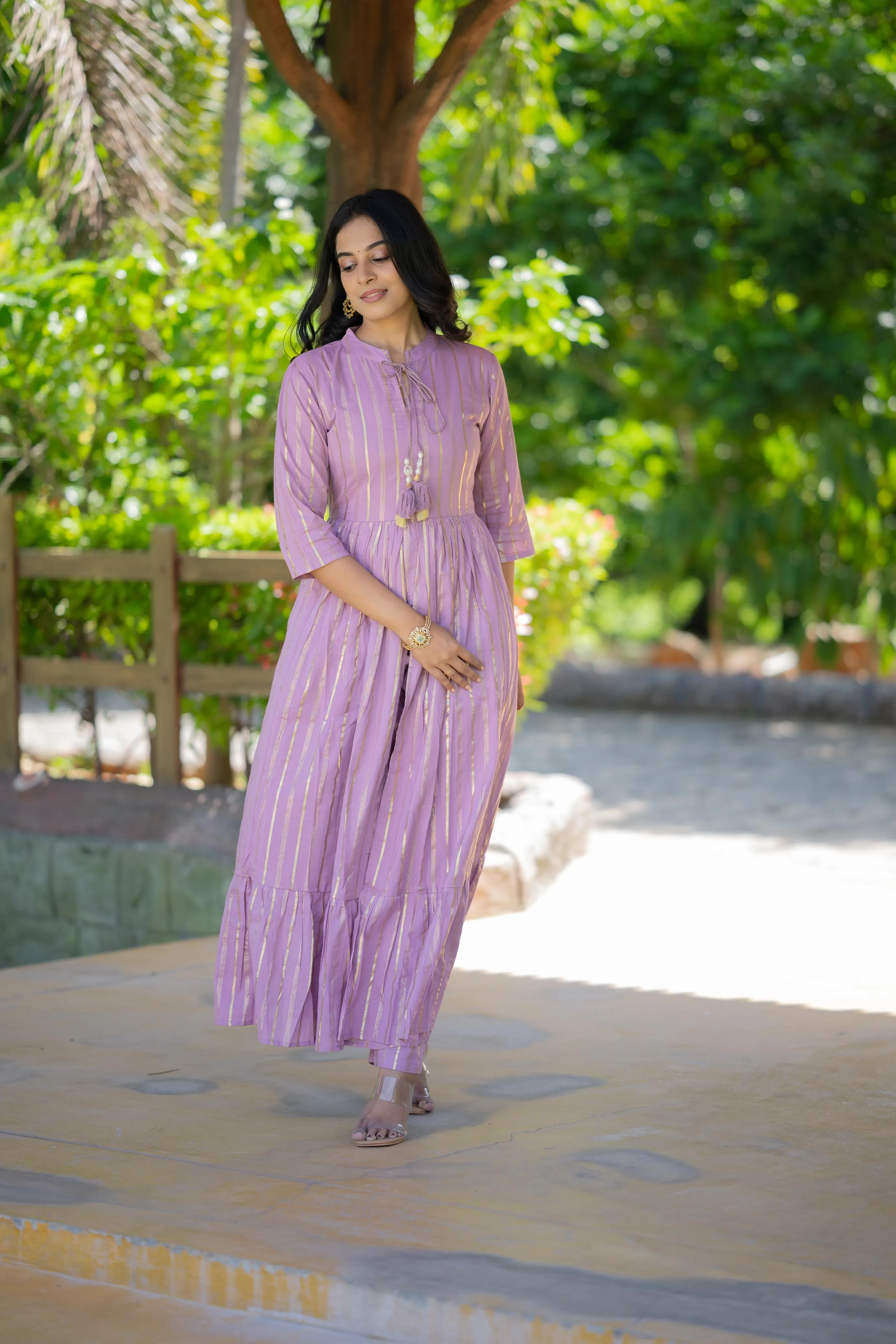 Ayra ( lilac ) - lurex cotton anarkali suit set in lilac colour