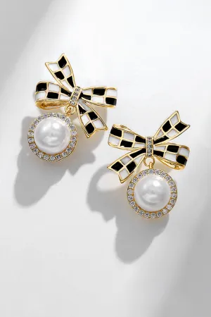 Black and White Check Bow Earrings