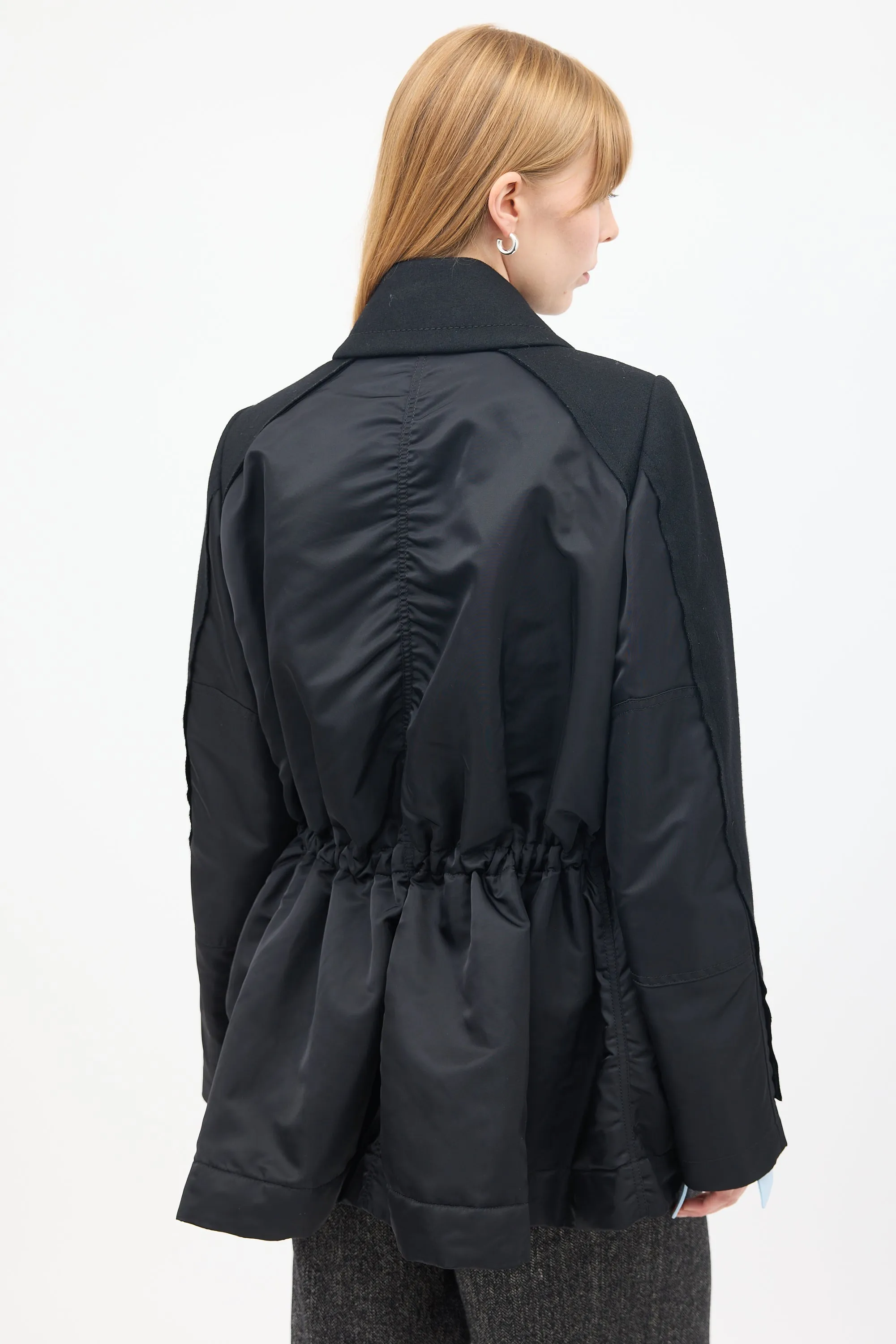 Black Wool & Nylon Drawstring Waist Pea Coat