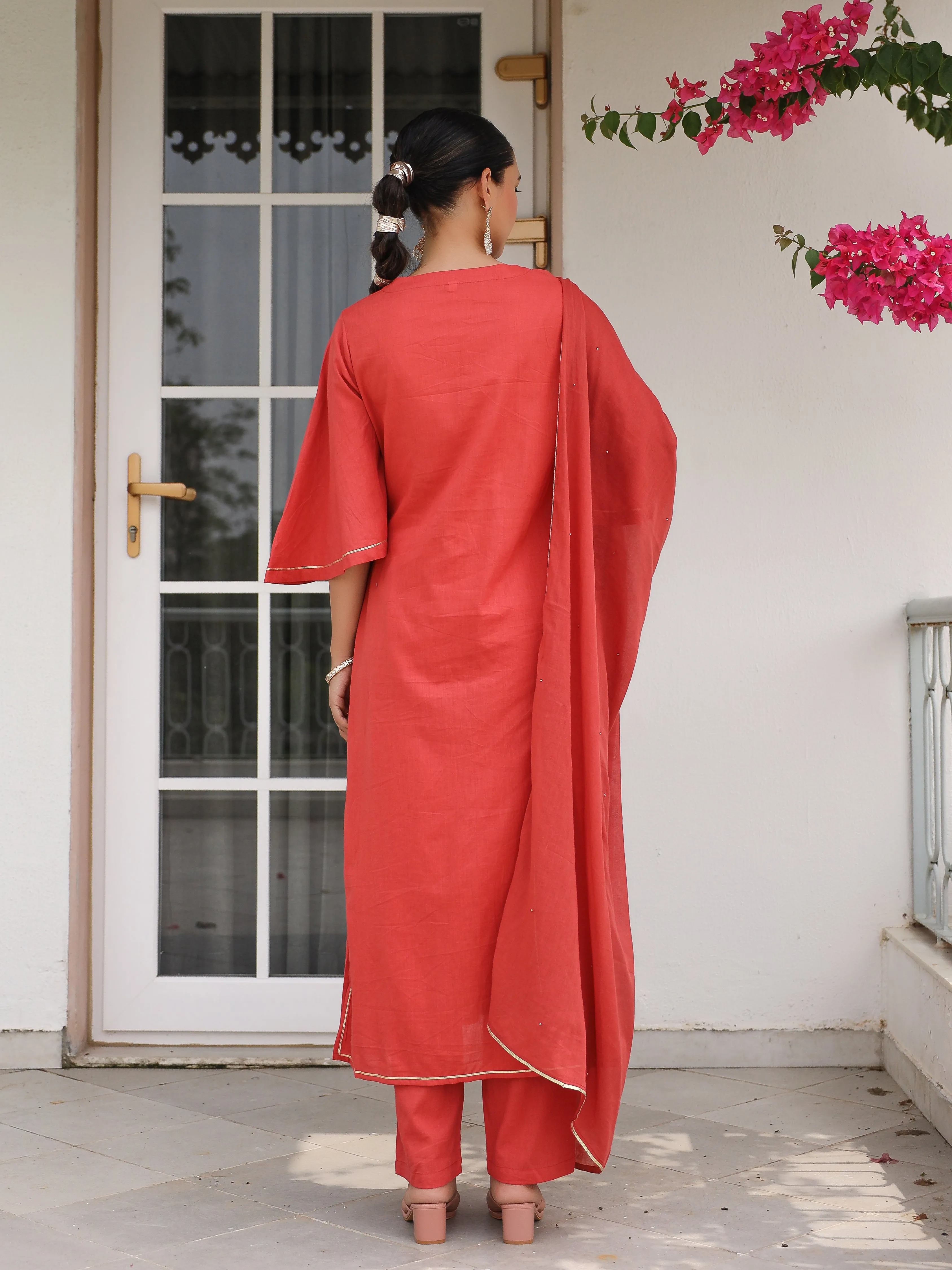 Dusty red mulmul cotton kurta set with trousers and dupatta