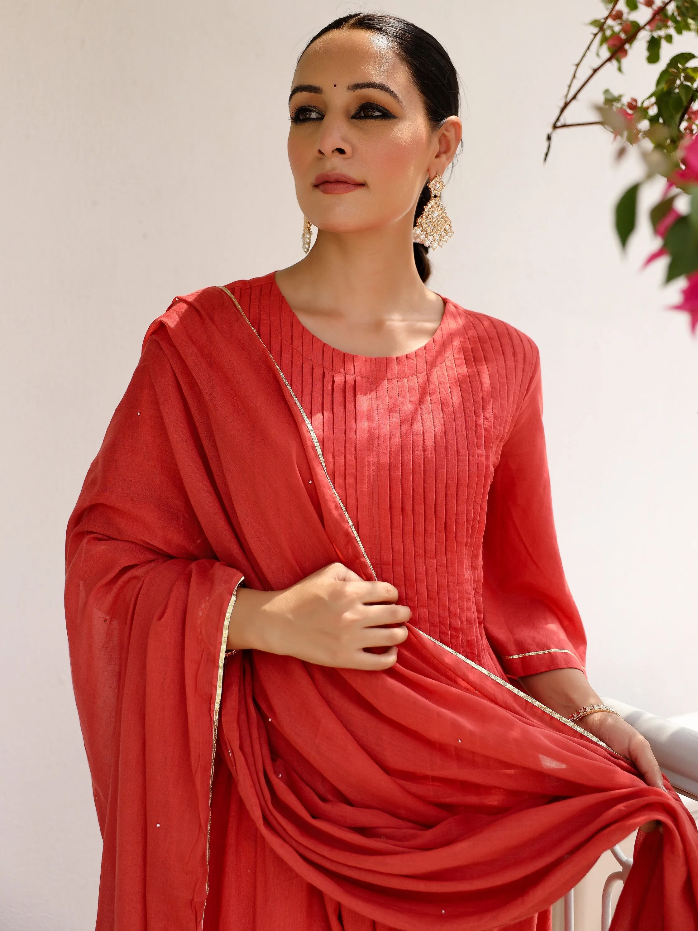 Dusty red mulmul cotton kurta set with trousers and dupatta