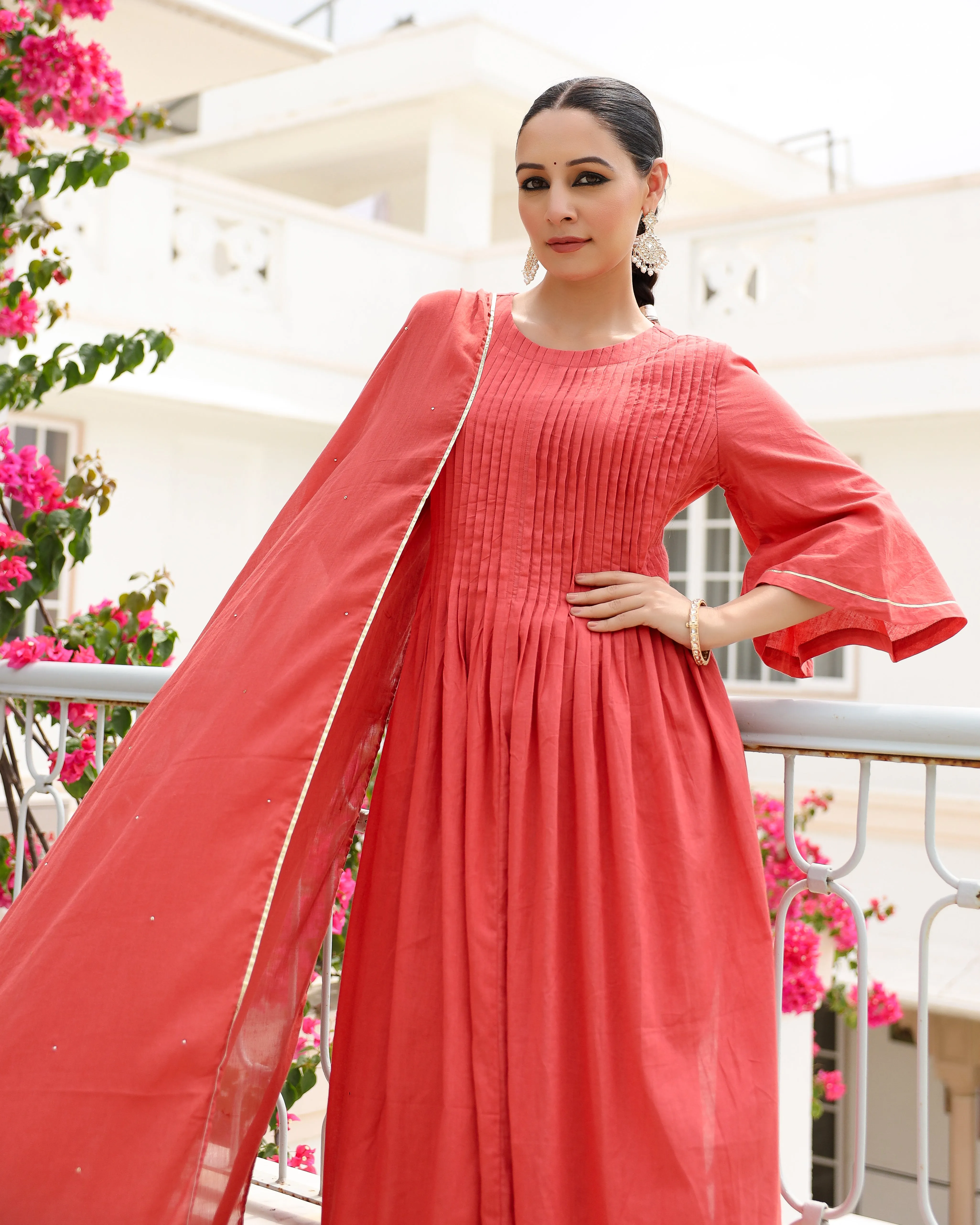 Dusty red mulmul cotton kurta set with trousers and dupatta