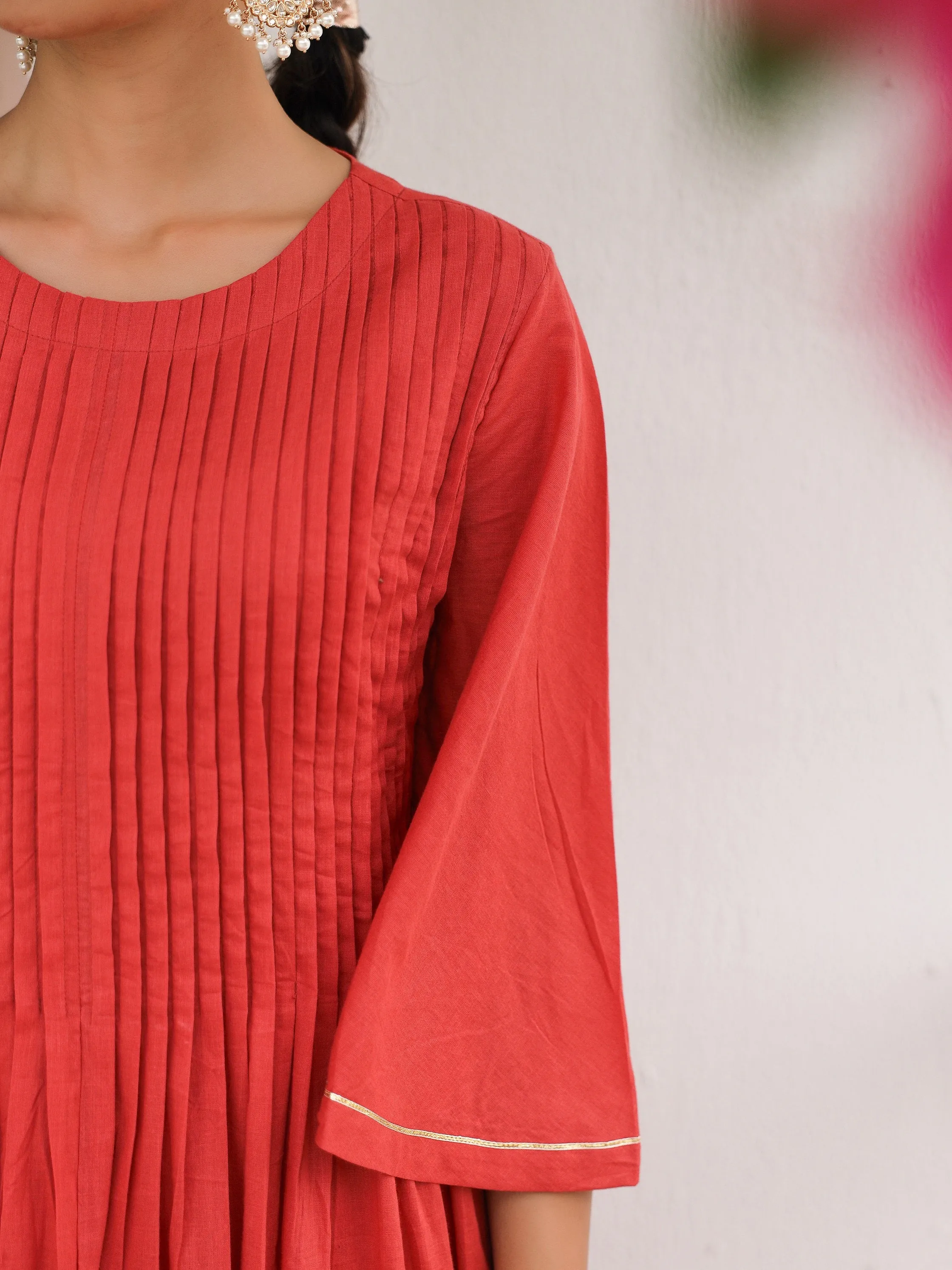 Dusty red mulmul cotton kurta set with trousers and dupatta