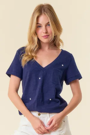 Embroidered Star V Neck Tee