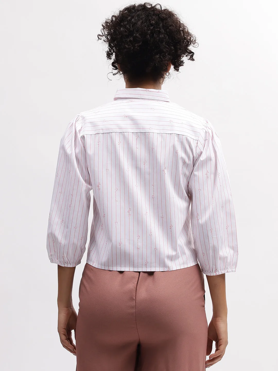 Iconic Women White Striped Spread Collar 3/4Th Sleeves Shirt