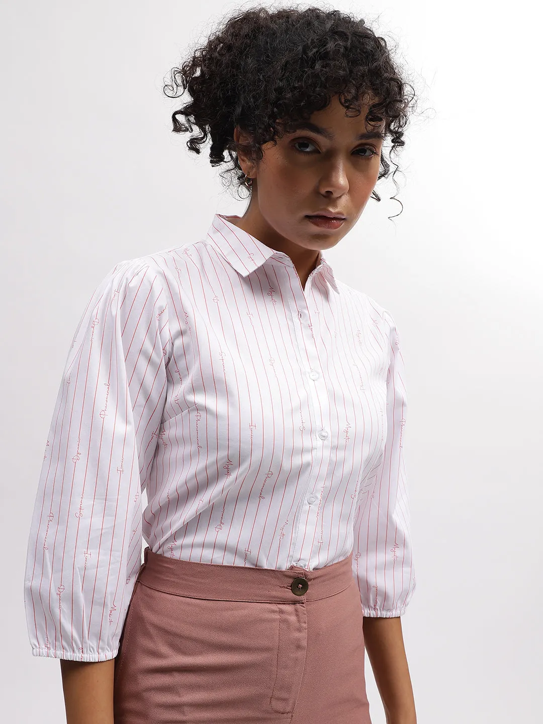 Iconic Women White Striped Spread Collar 3/4Th Sleeves Shirt