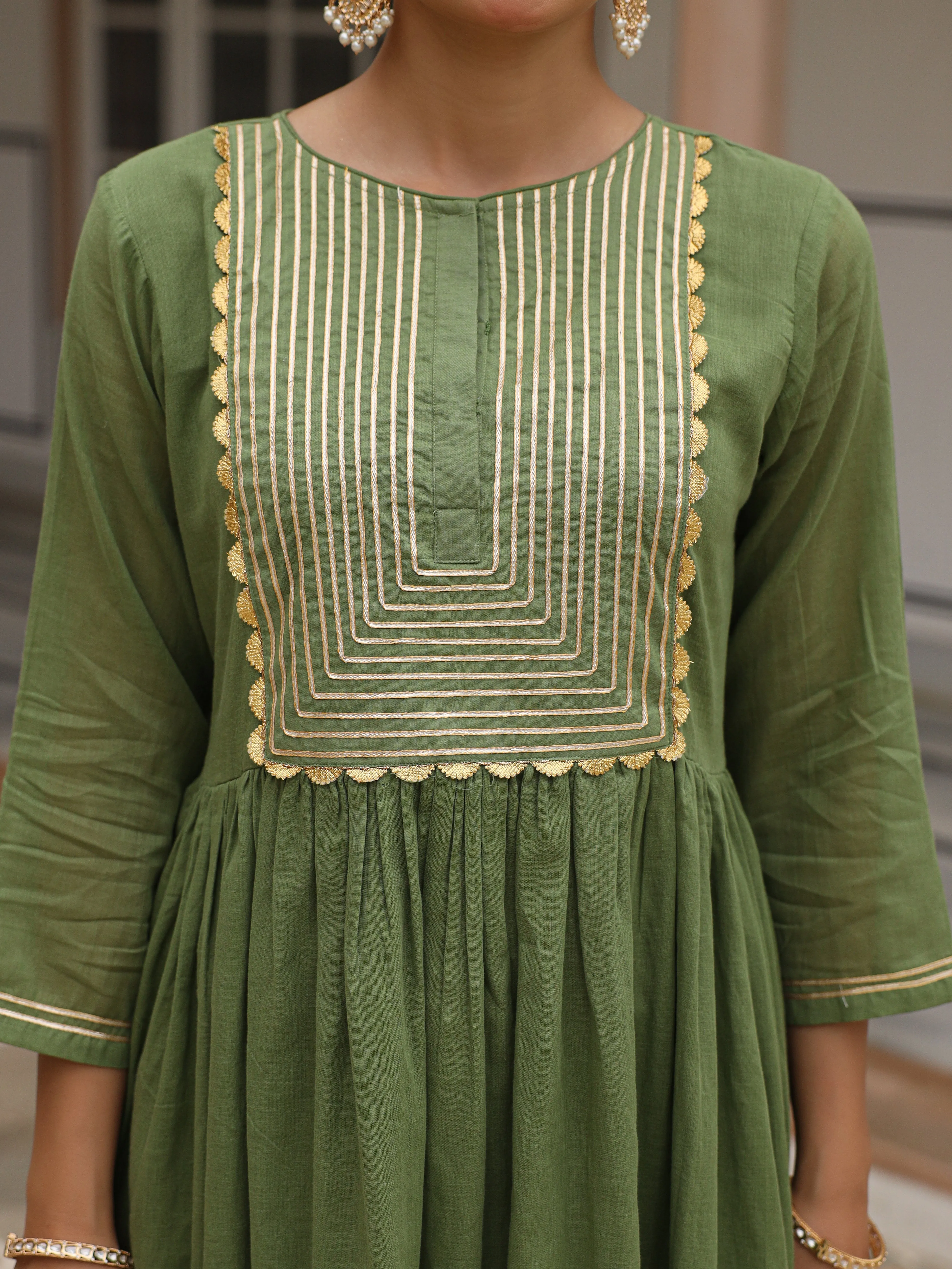 Light green mulmul cotton anarkali kurta set with trousers and dupatta