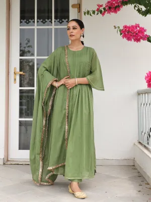 Light green mulmul cotton kurta set with trousers and dupatta