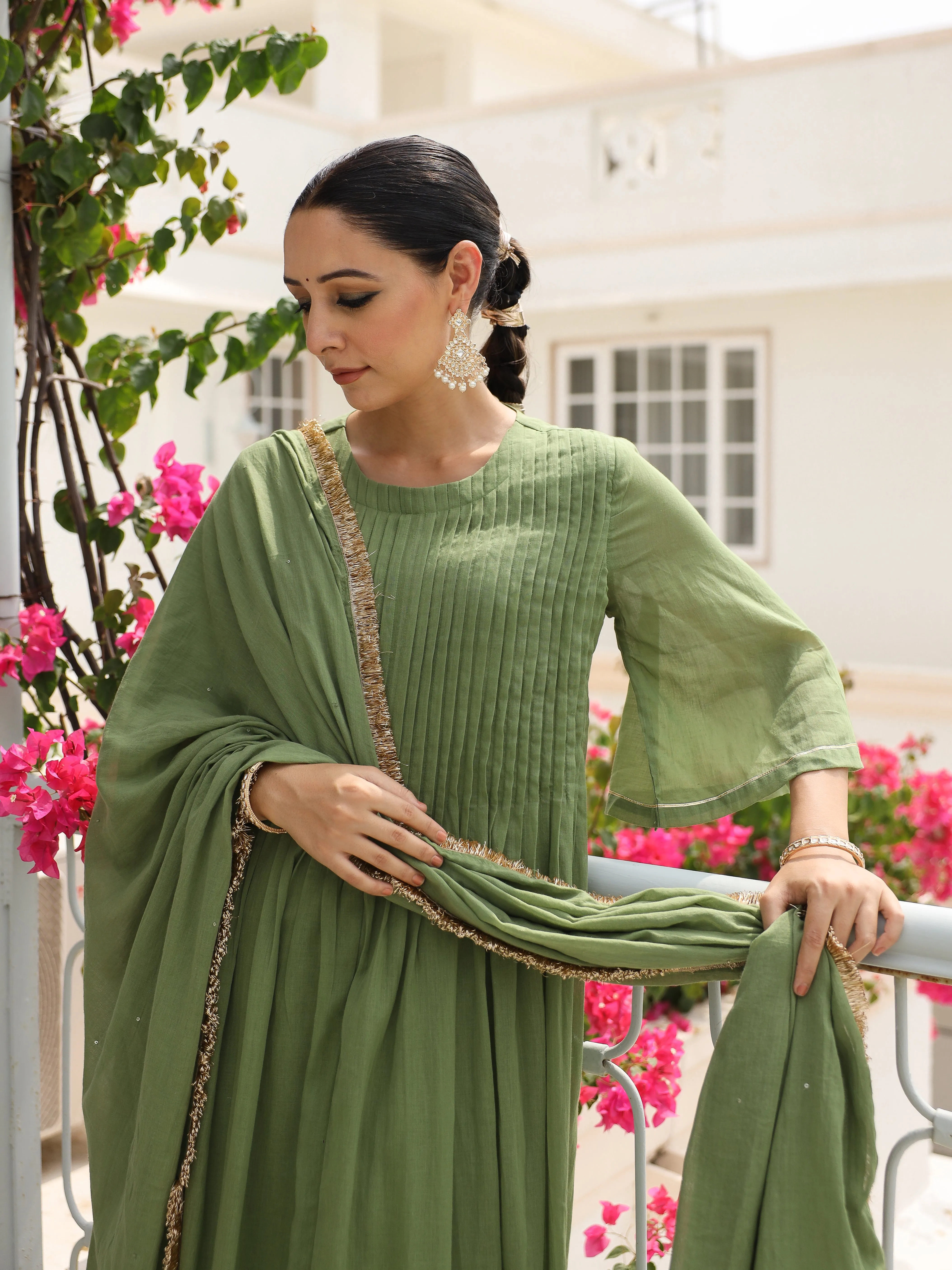 Light green mulmul cotton kurta set with trousers and dupatta