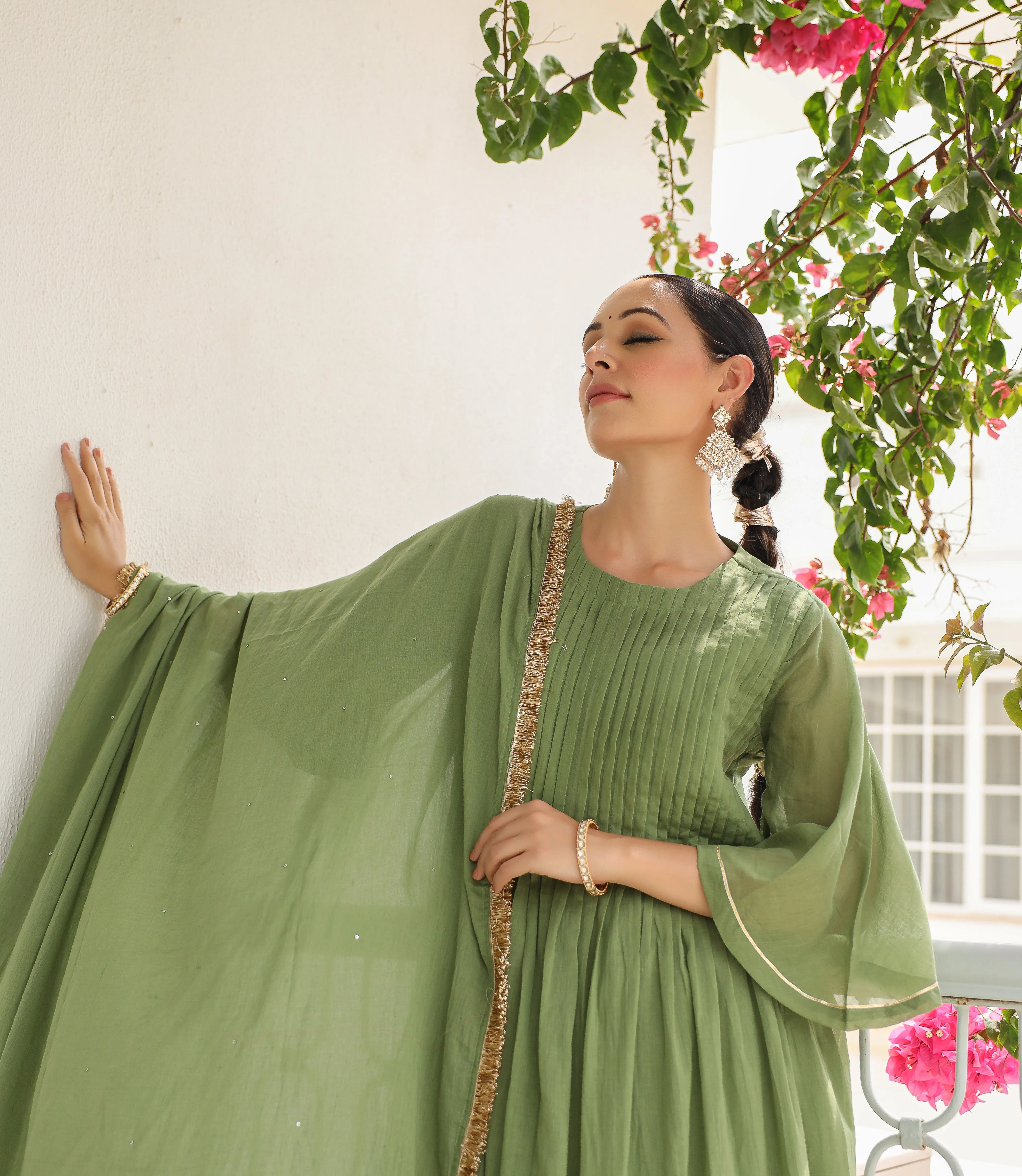 Light green mulmul cotton kurta set with trousers and dupatta
