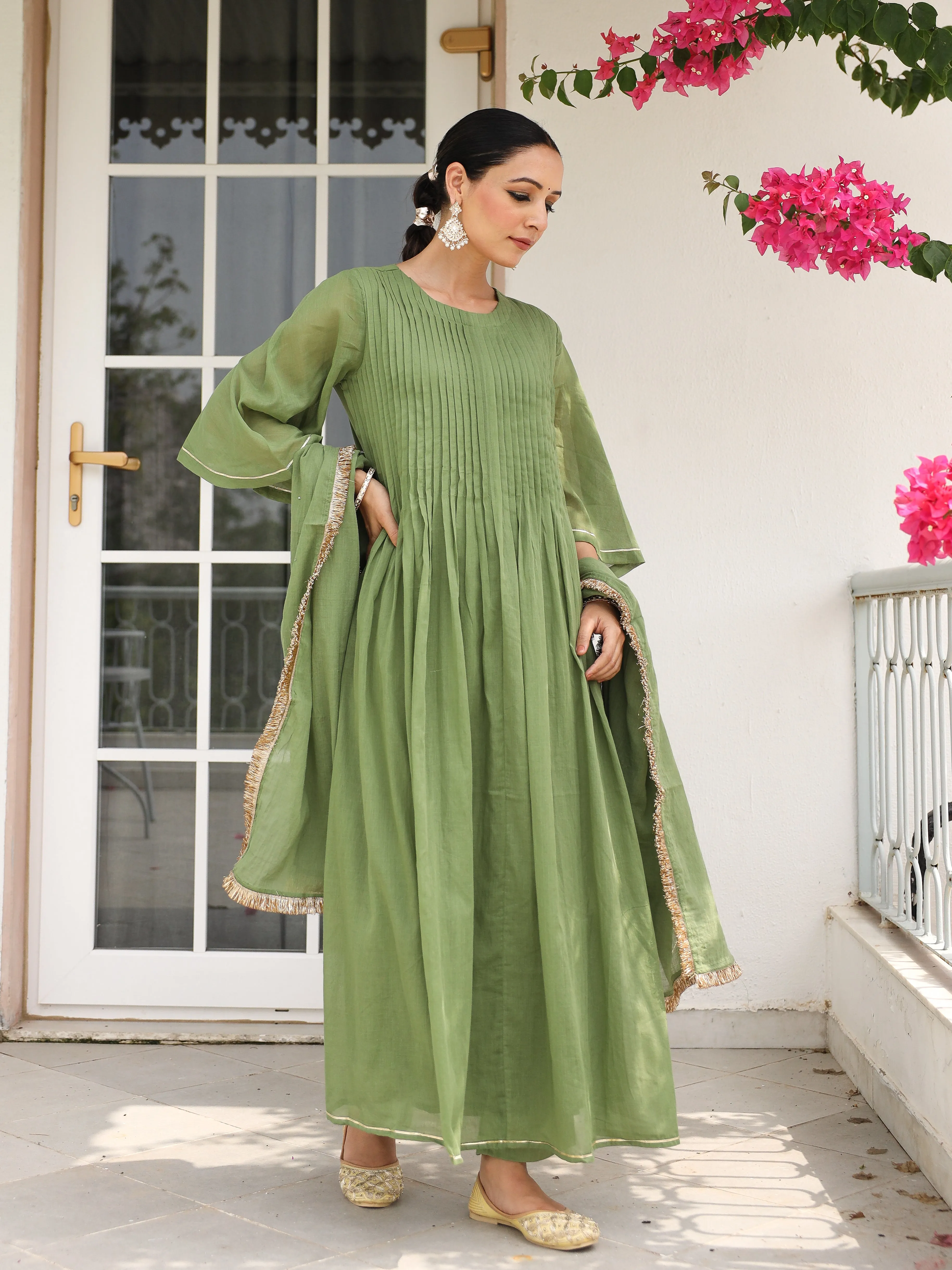 Light green mulmul cotton kurta set with trousers and dupatta