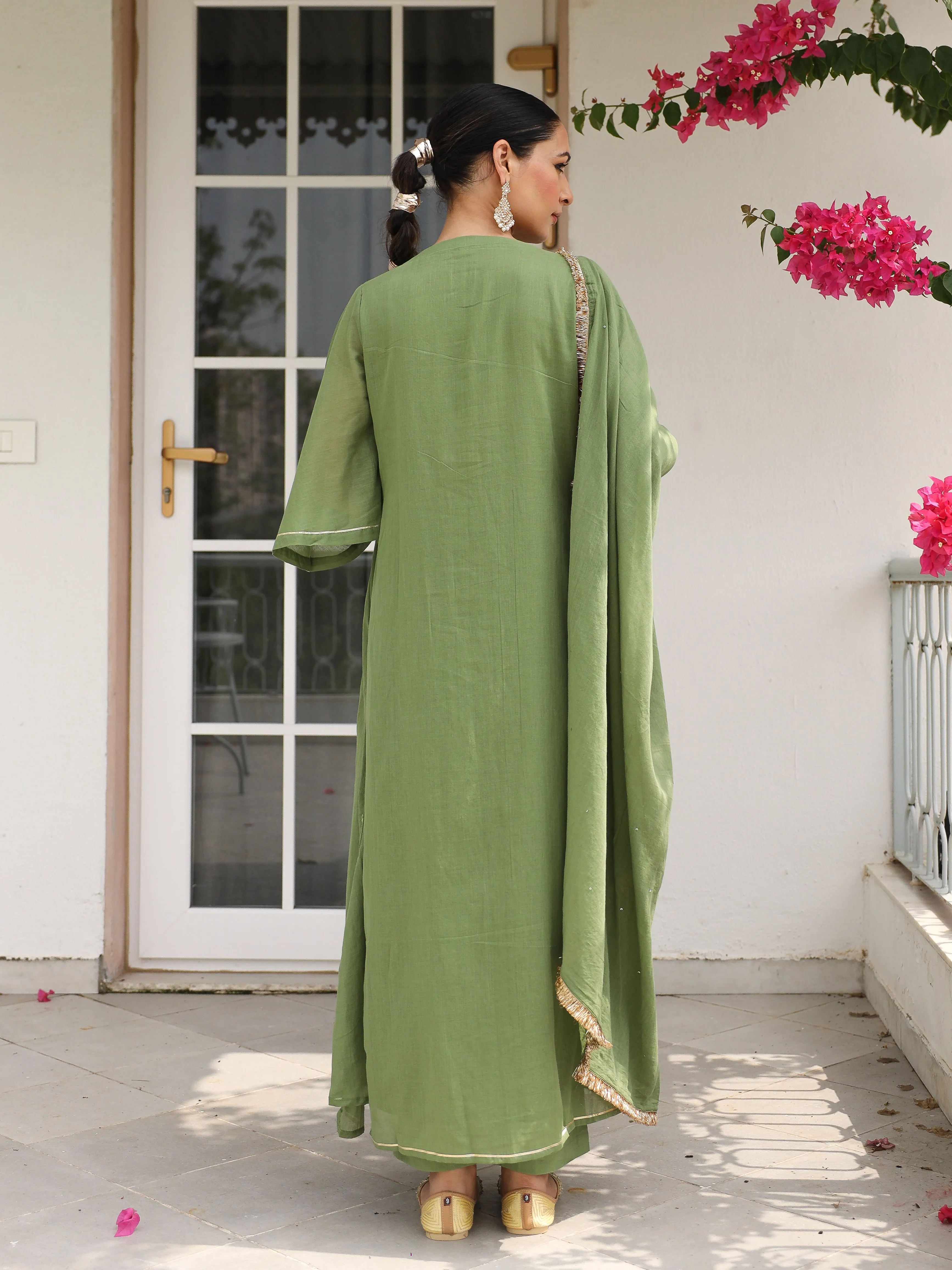 Light green mulmul cotton kurta set with trousers and dupatta