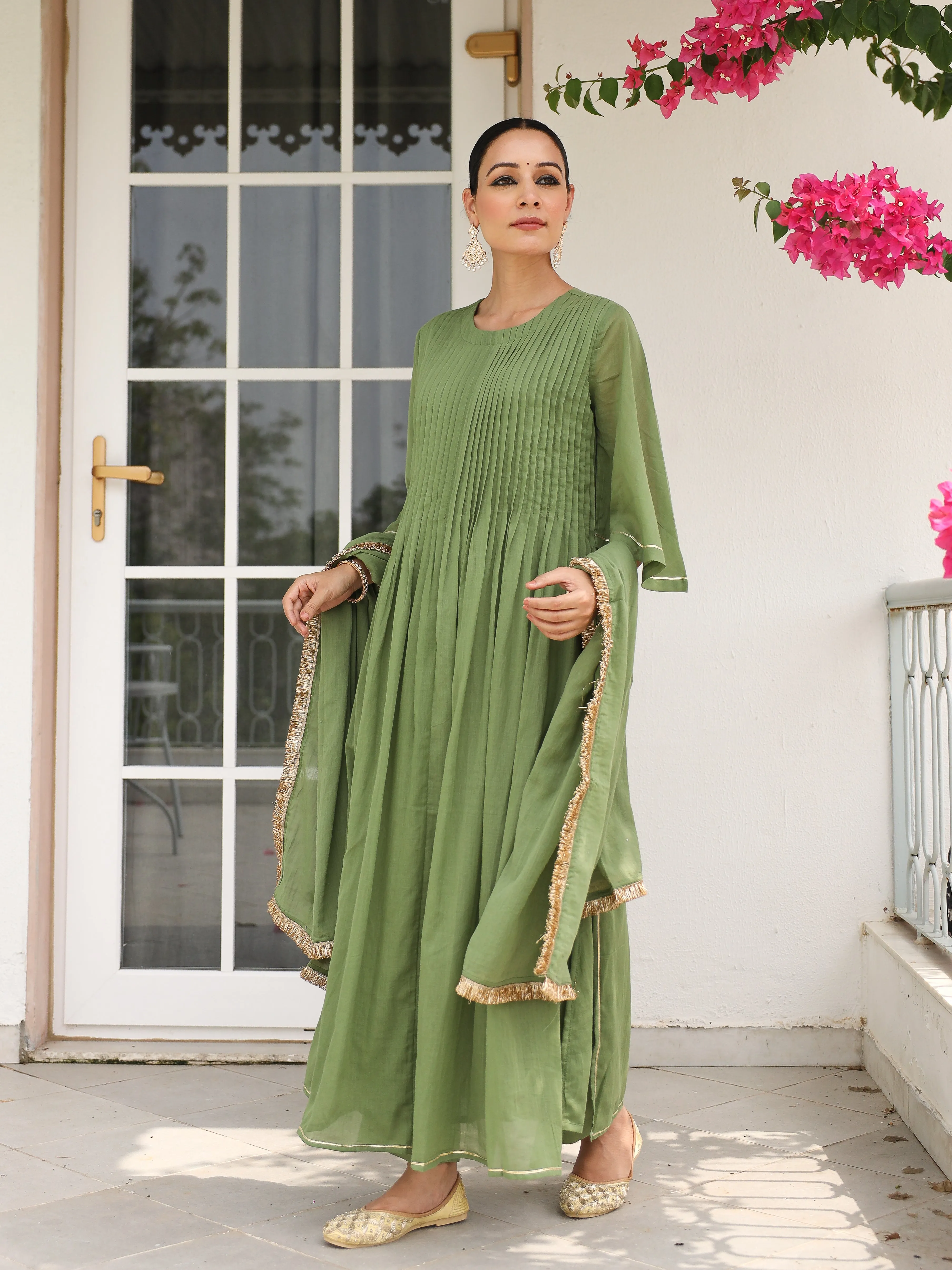 Light green mulmul cotton kurta set with trousers and dupatta