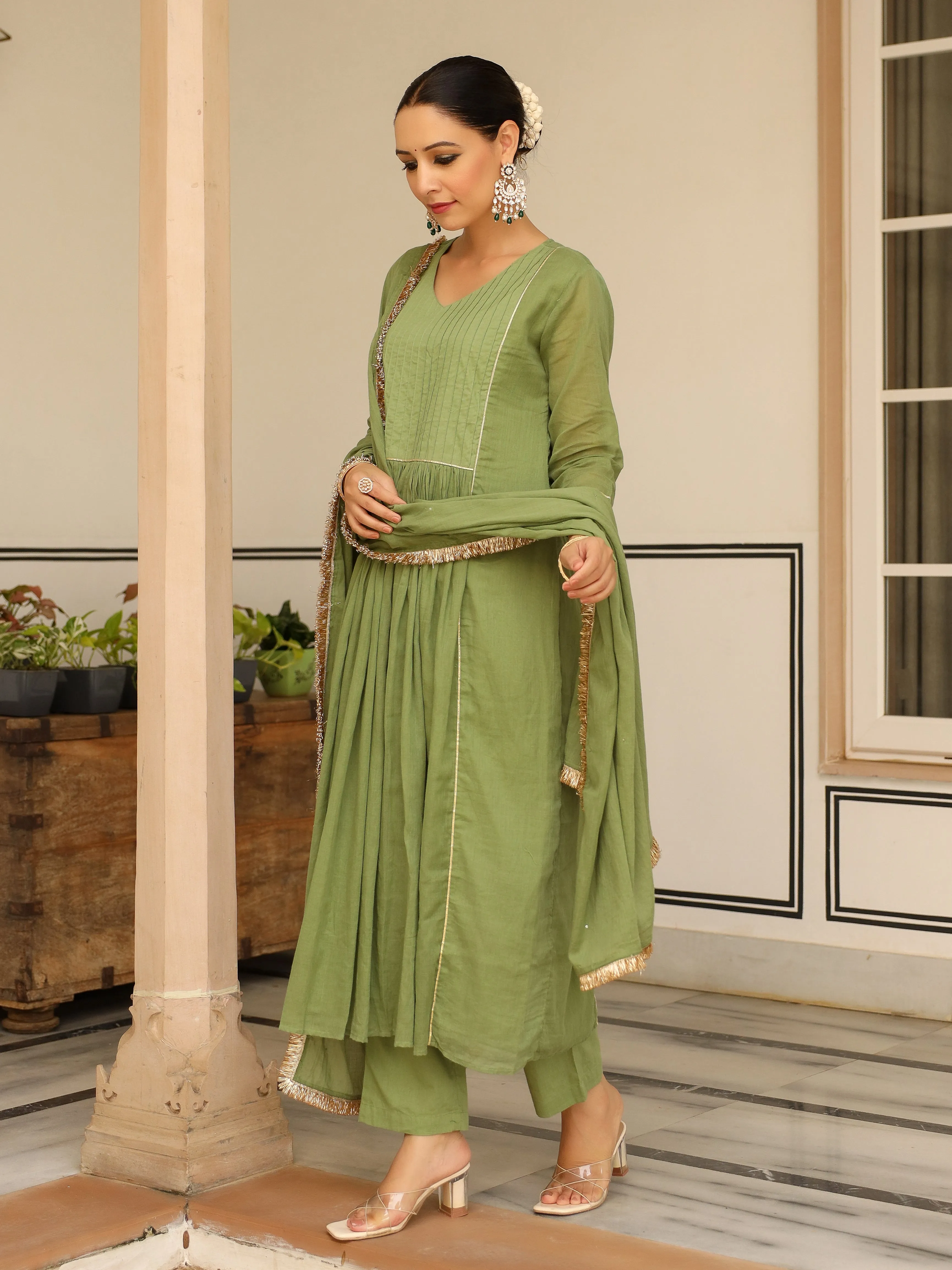 Light green pintucks mulmul cotton kurta set with trousers and dupatta