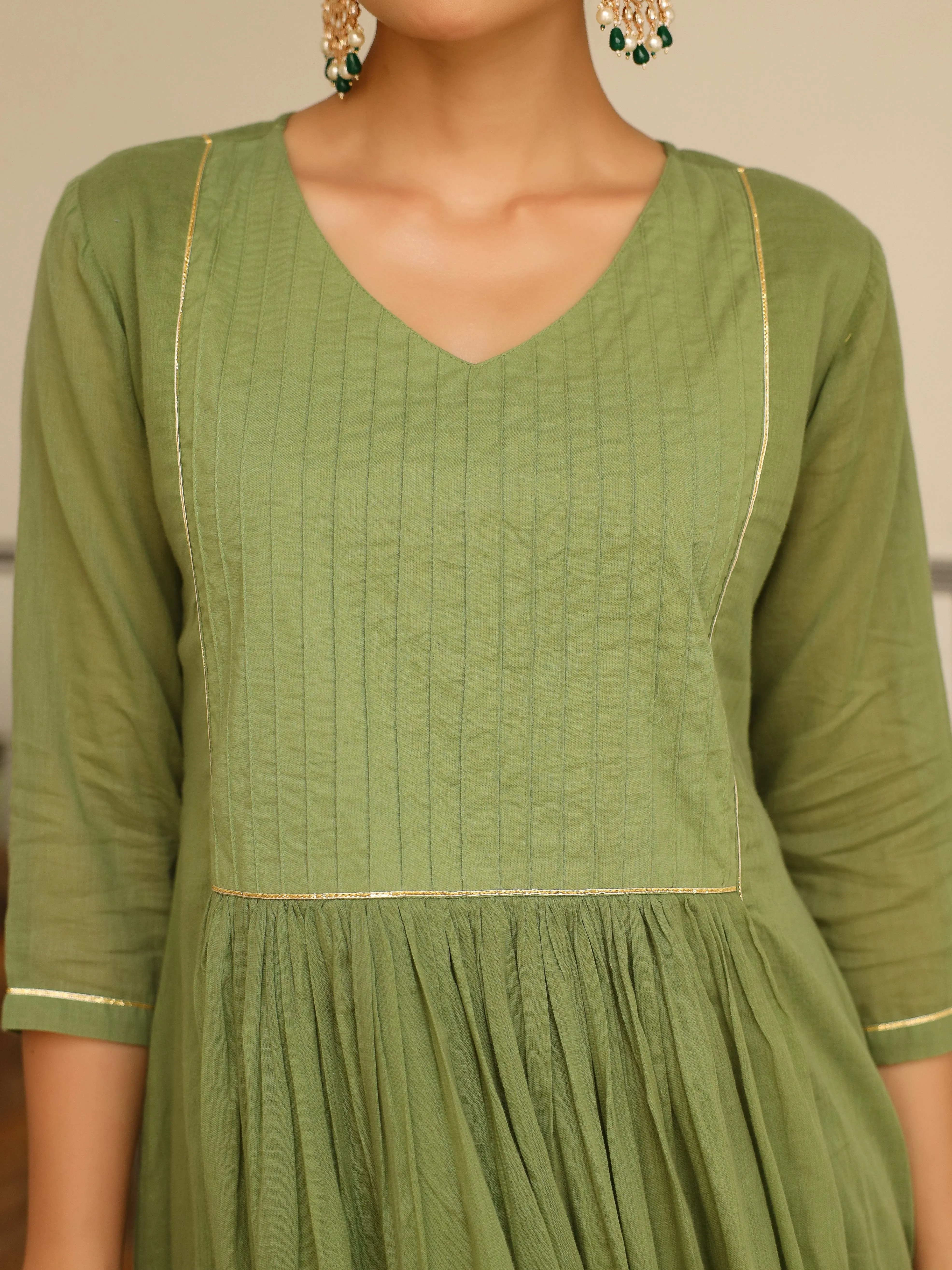 Light green pintucks mulmul cotton kurta set with trousers and dupatta