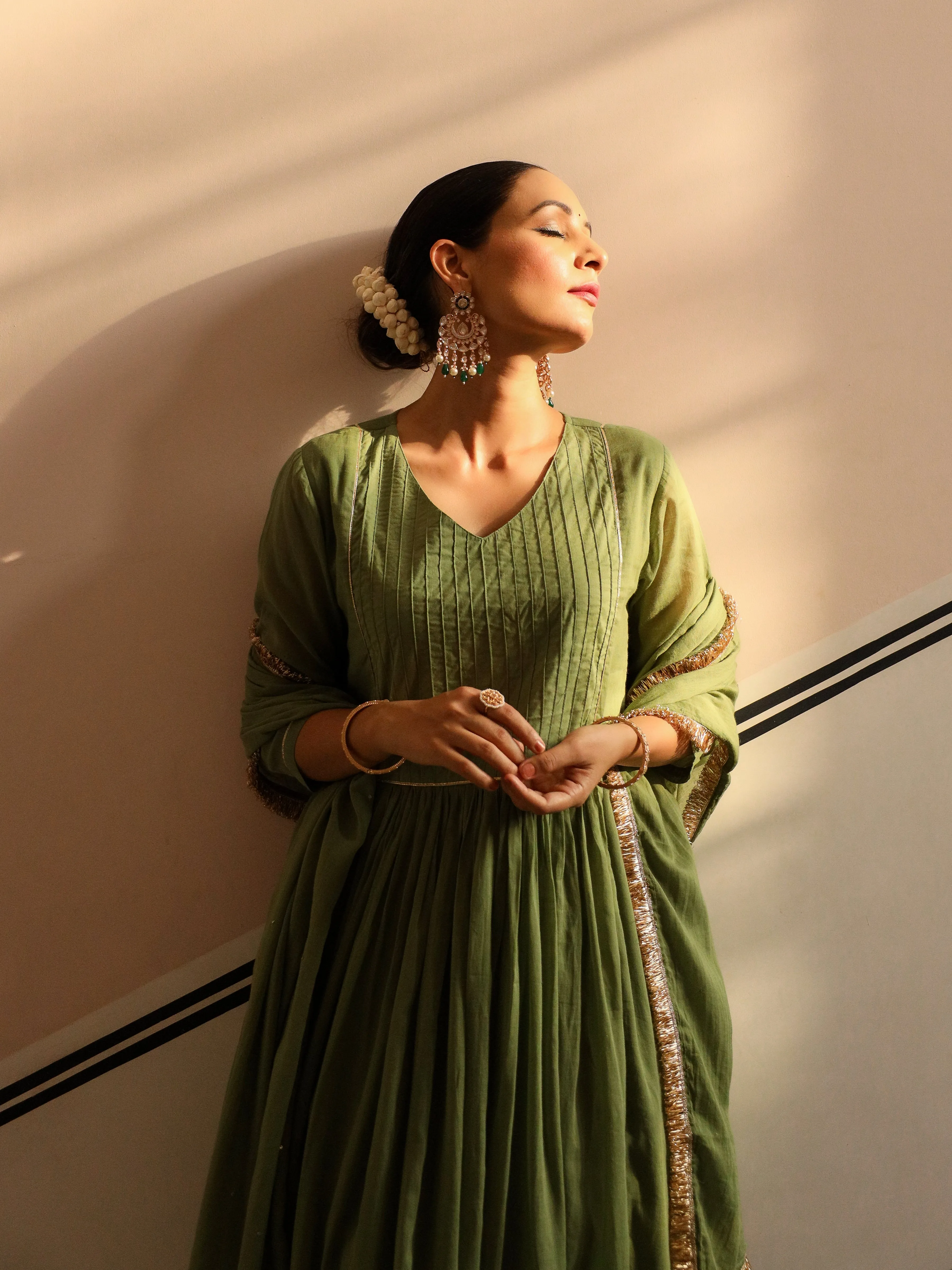 Light green pintucks mulmul cotton kurta set with trousers and dupatta