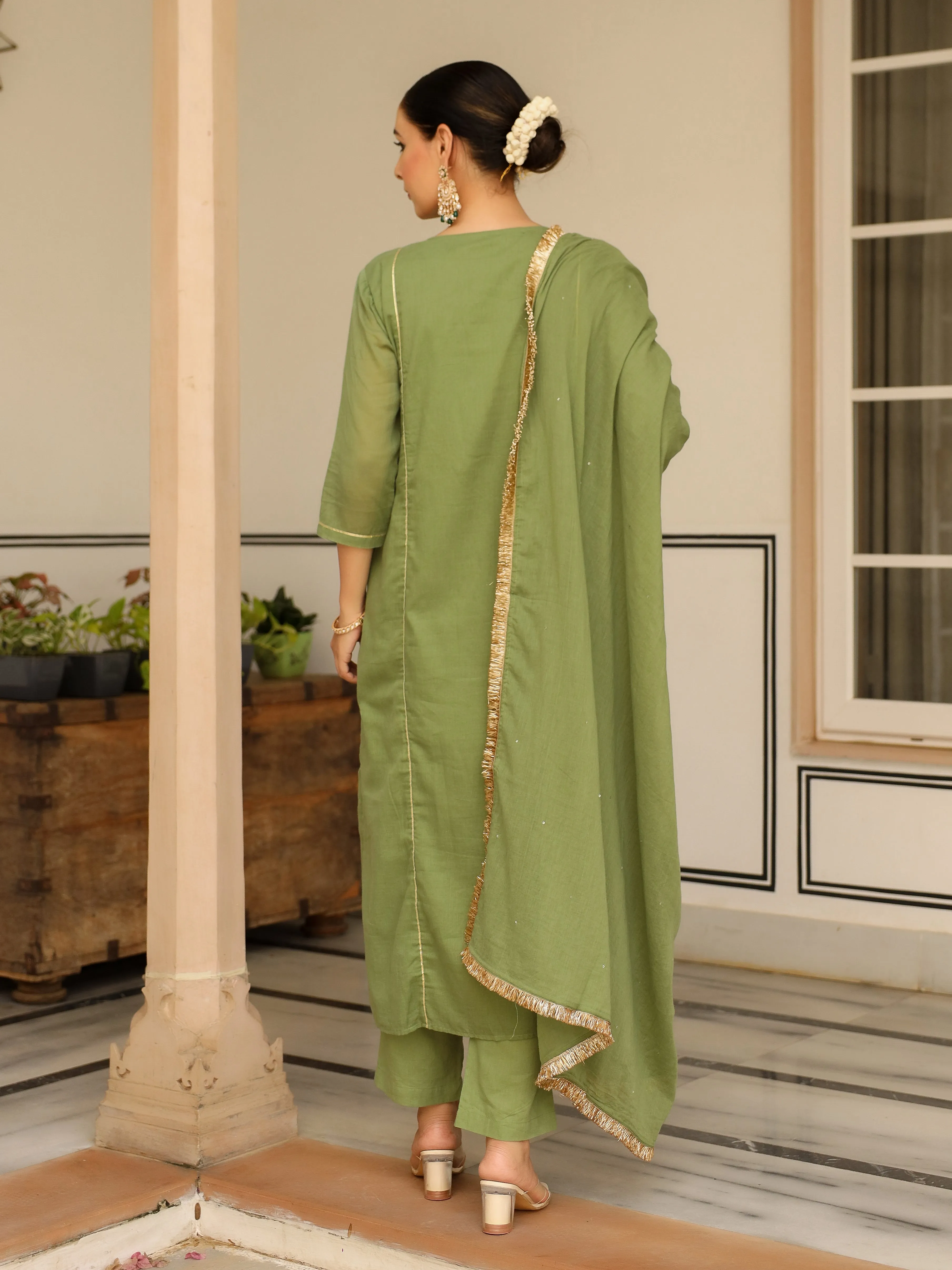 Light green pintucks mulmul cotton kurta set with trousers and dupatta