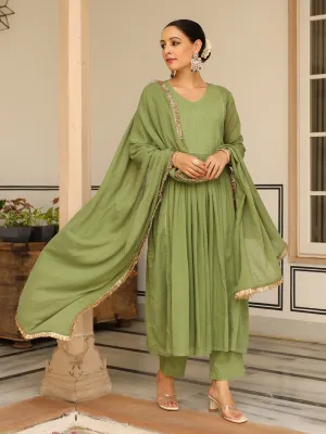Light green pintucks mulmul cotton kurta set with trousers and dupatta