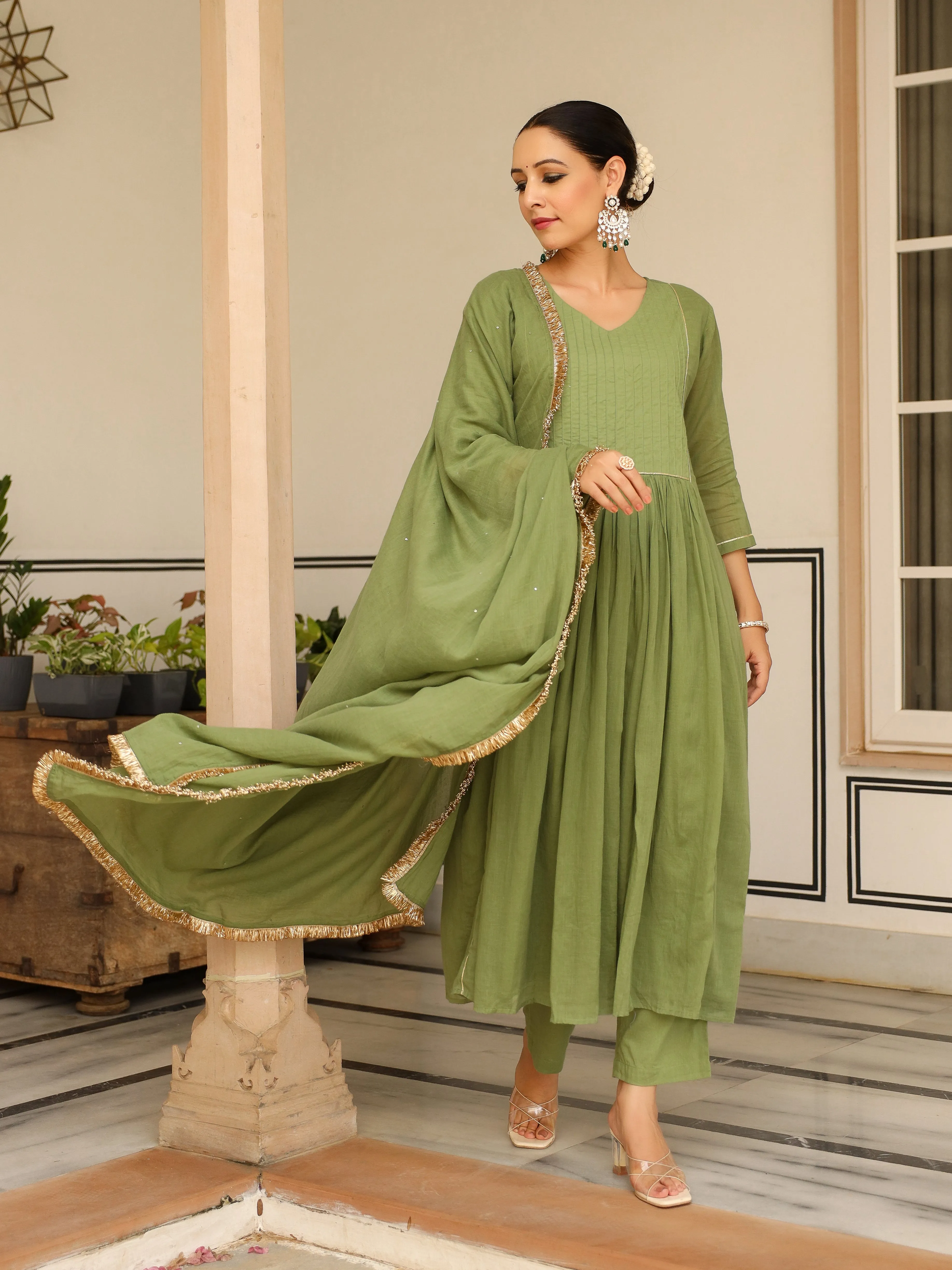 Light green pintucks mulmul cotton kurta set with trousers and dupatta
