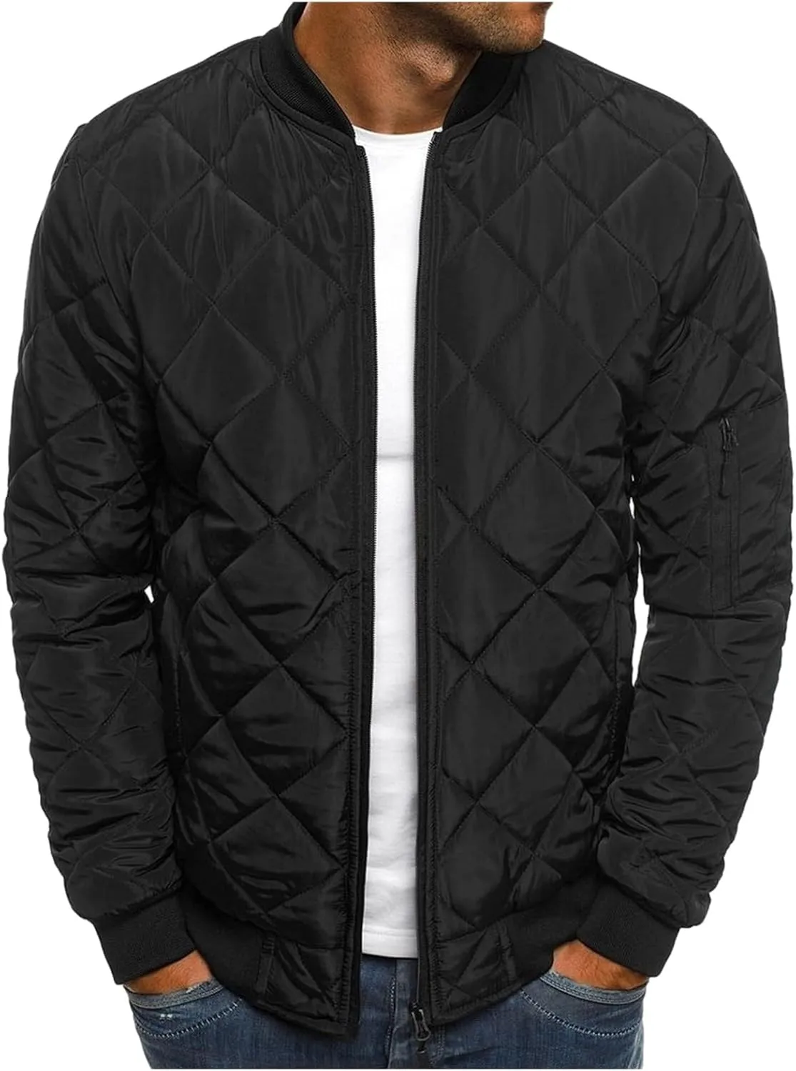 Mens Bomber Jacket Diamond Quilted Jackets Lightweight Varsity Winter Coat Warm Zip Up Cotton Padded Coats Outerwear