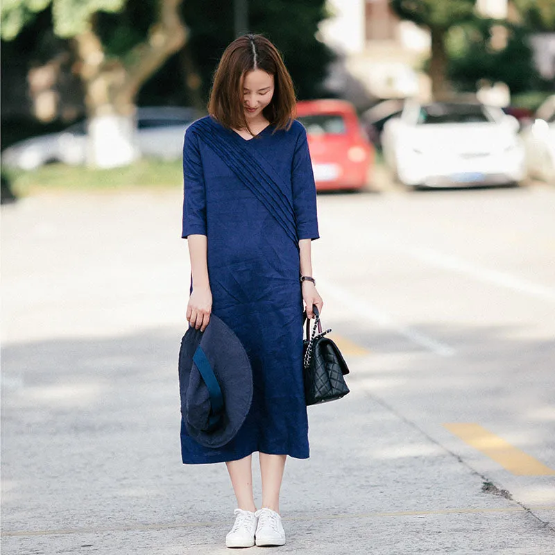Navy Linen Summer Women Dresses Pleated V Neck Summer Women Shift Dresses 9623