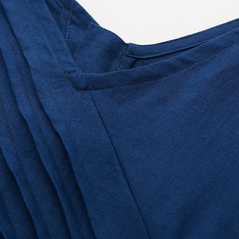 Navy Linen Summer Women Dresses Pleated V Neck Summer Women Shift Dresses 9623