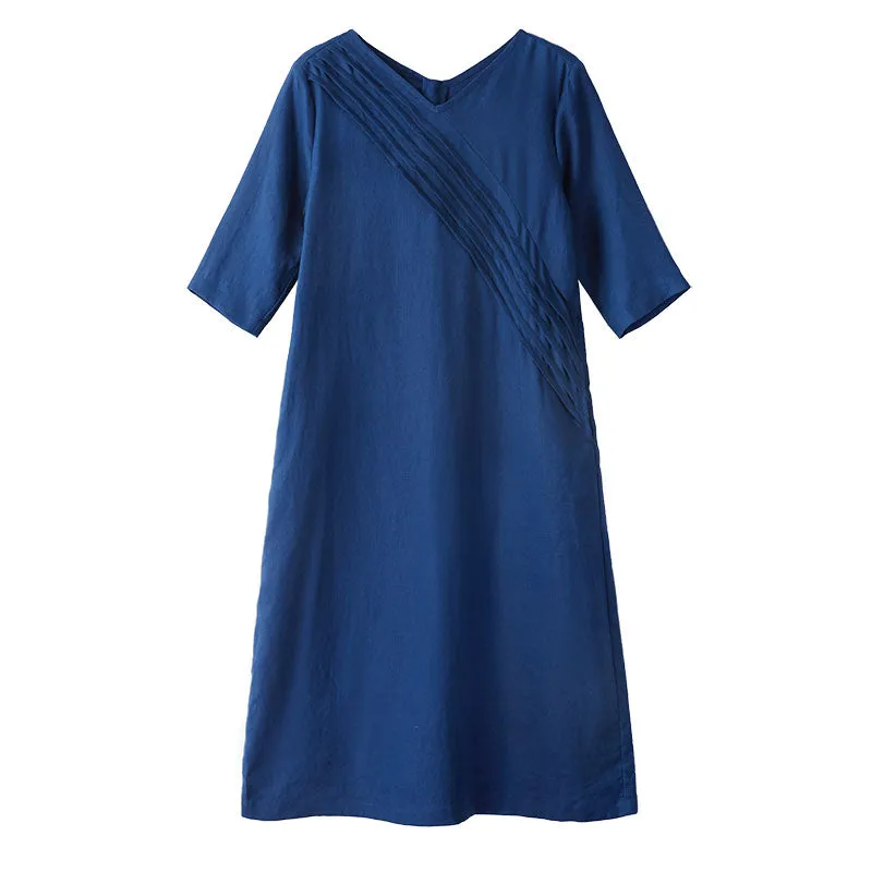 Navy Linen Summer Women Dresses Pleated V Neck Summer Women Shift Dresses 9623