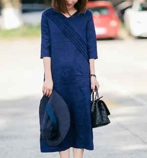 Navy Linen Summer Women Dresses Pleated V Neck Summer Women Shift Dresses 9623