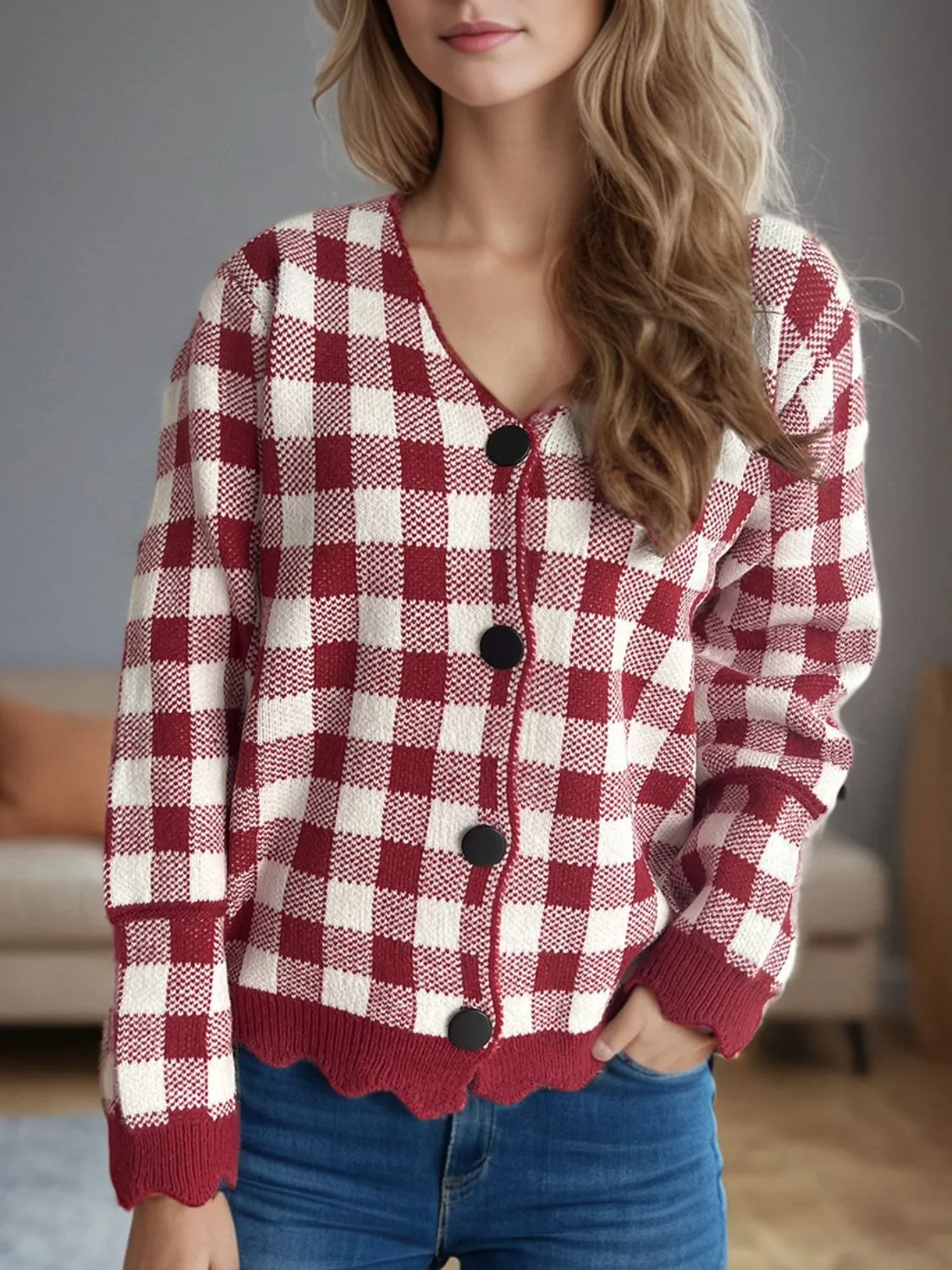 Plaid V-Neck Button Up Cardigan