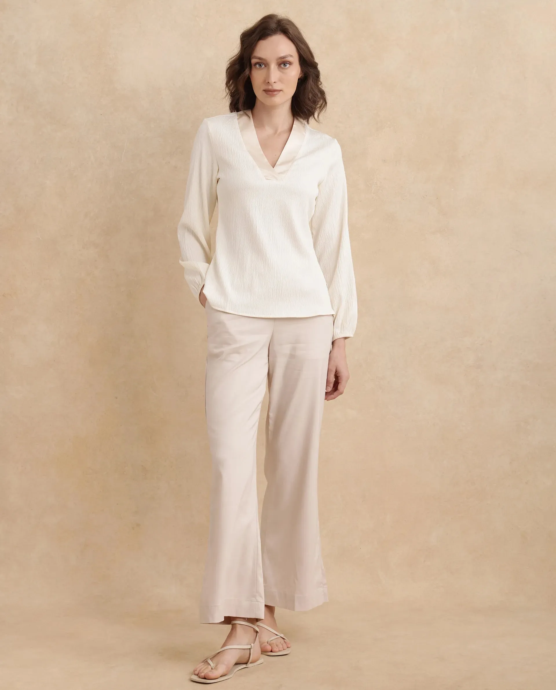 Rareism Women Boco Beige Full Sleeve V-Neck Regular Fit Plain Top