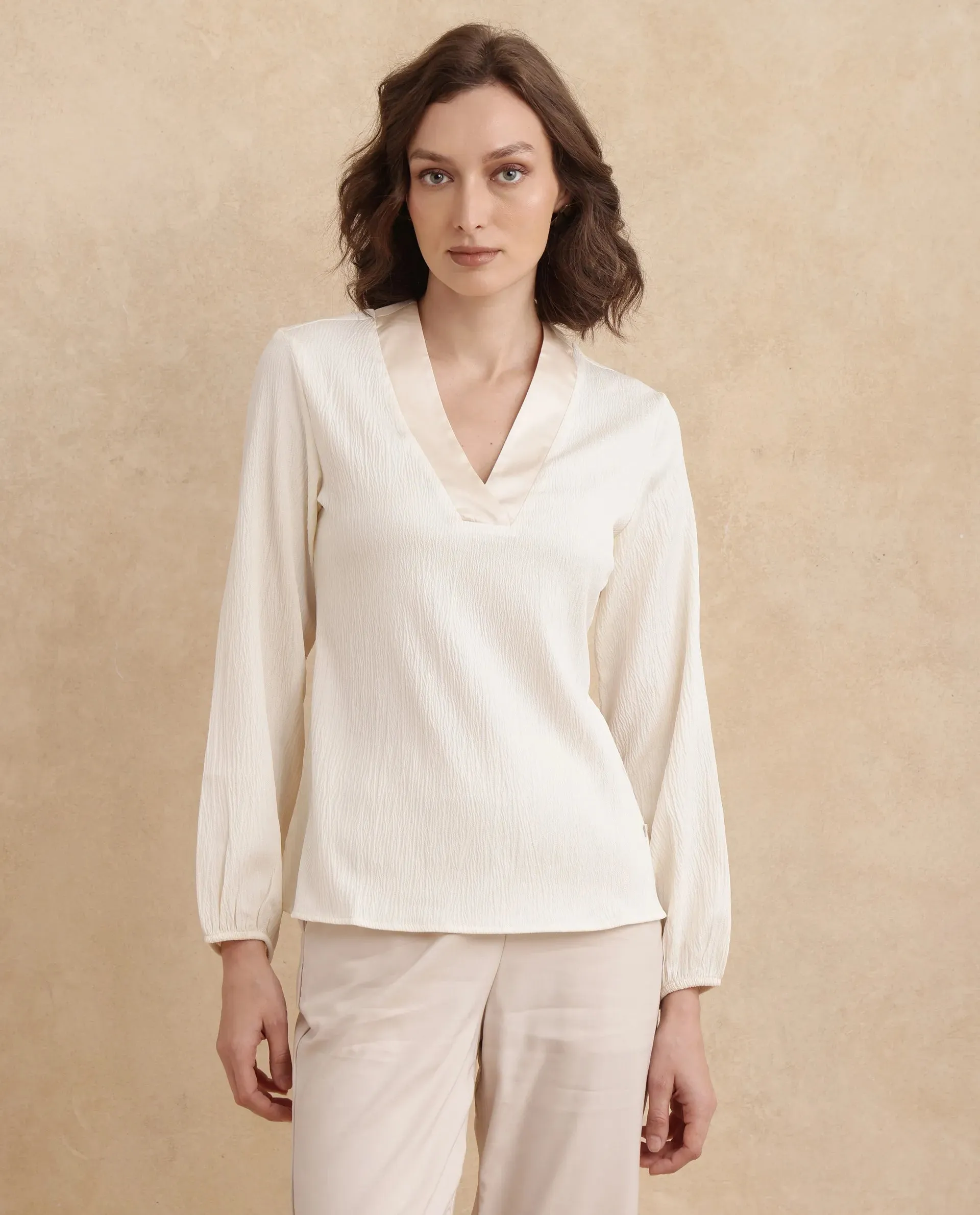 Rareism Women Boco Beige Full Sleeve V-Neck Regular Fit Plain Top