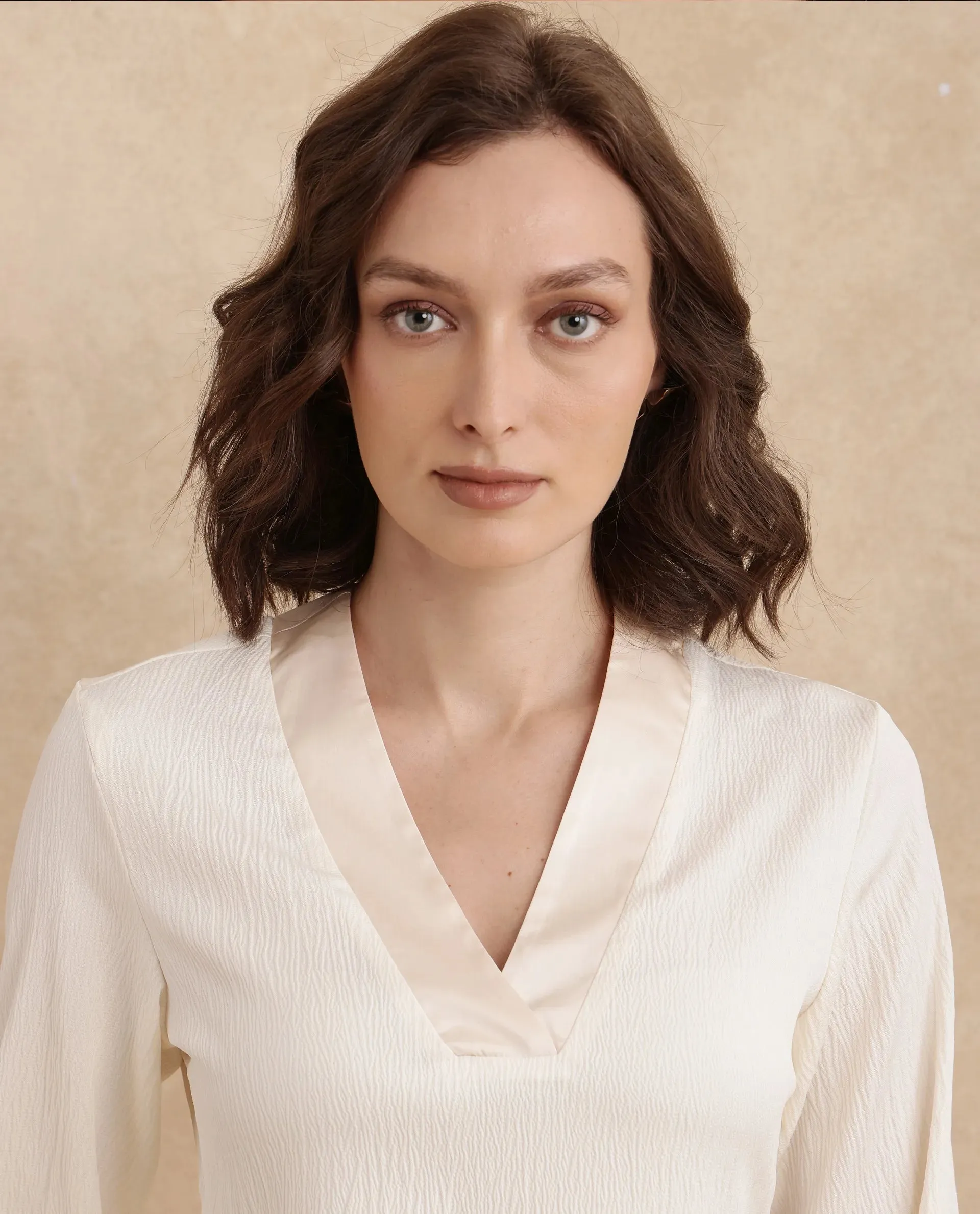 Rareism Women Boco Beige Full Sleeve V-Neck Regular Fit Plain Top