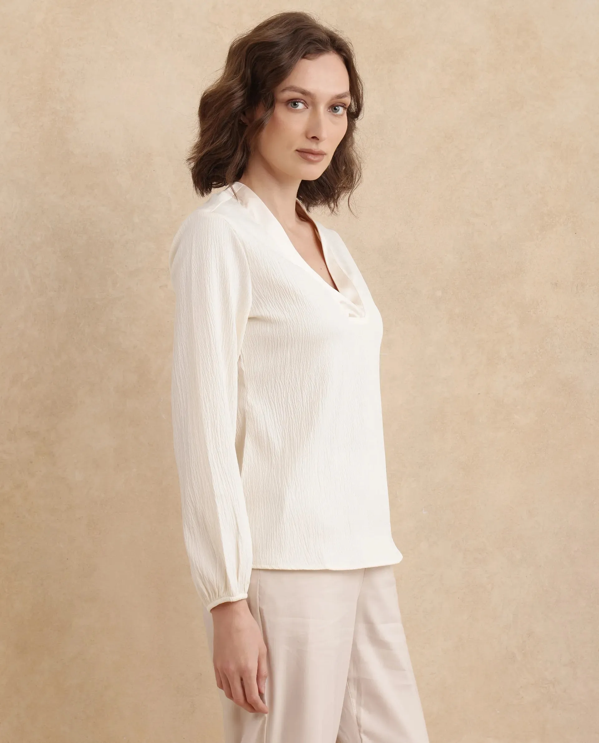 Rareism Women Boco Beige Full Sleeve V-Neck Regular Fit Plain Top