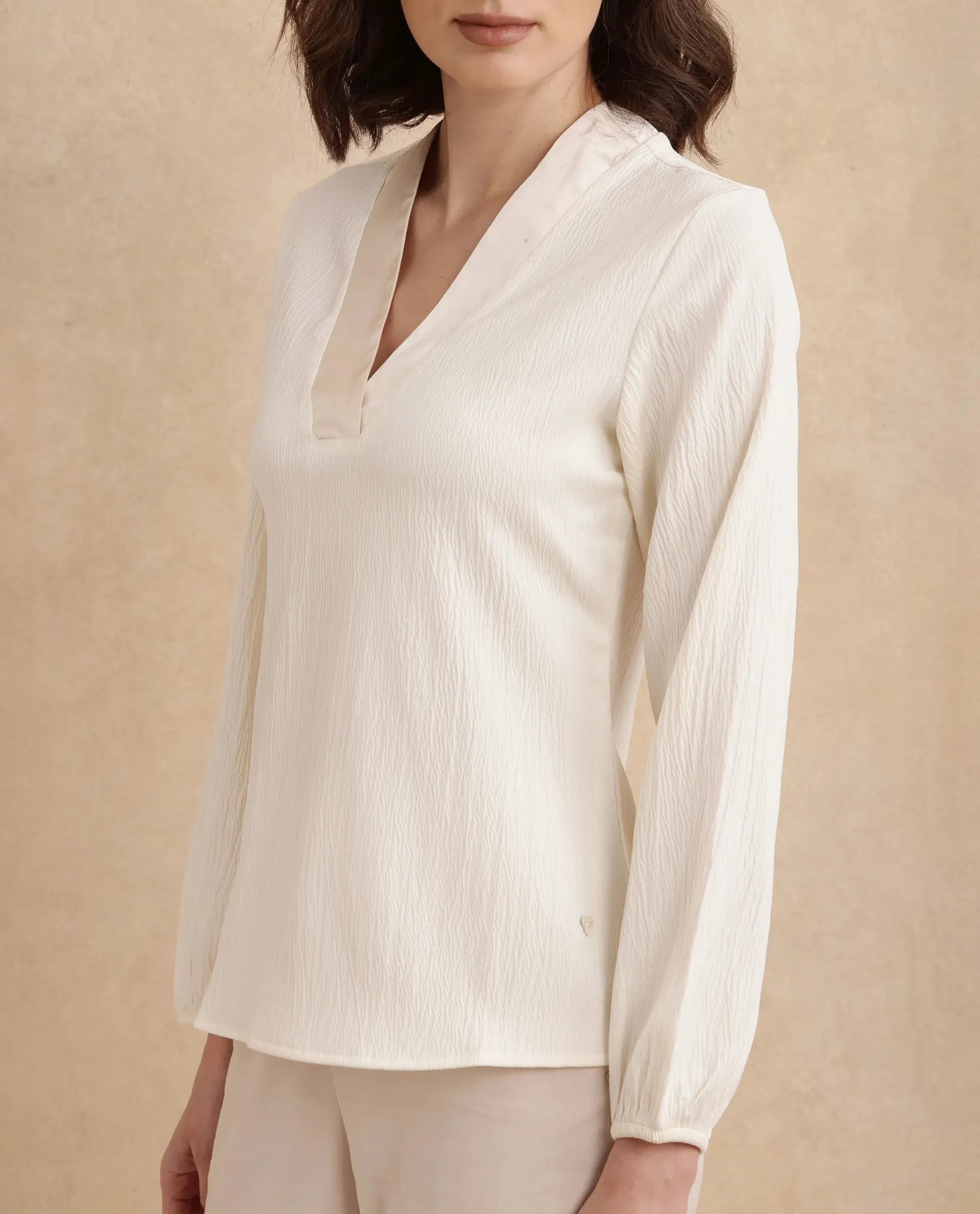 Rareism Women Boco Beige Full Sleeve V-Neck Regular Fit Plain Top