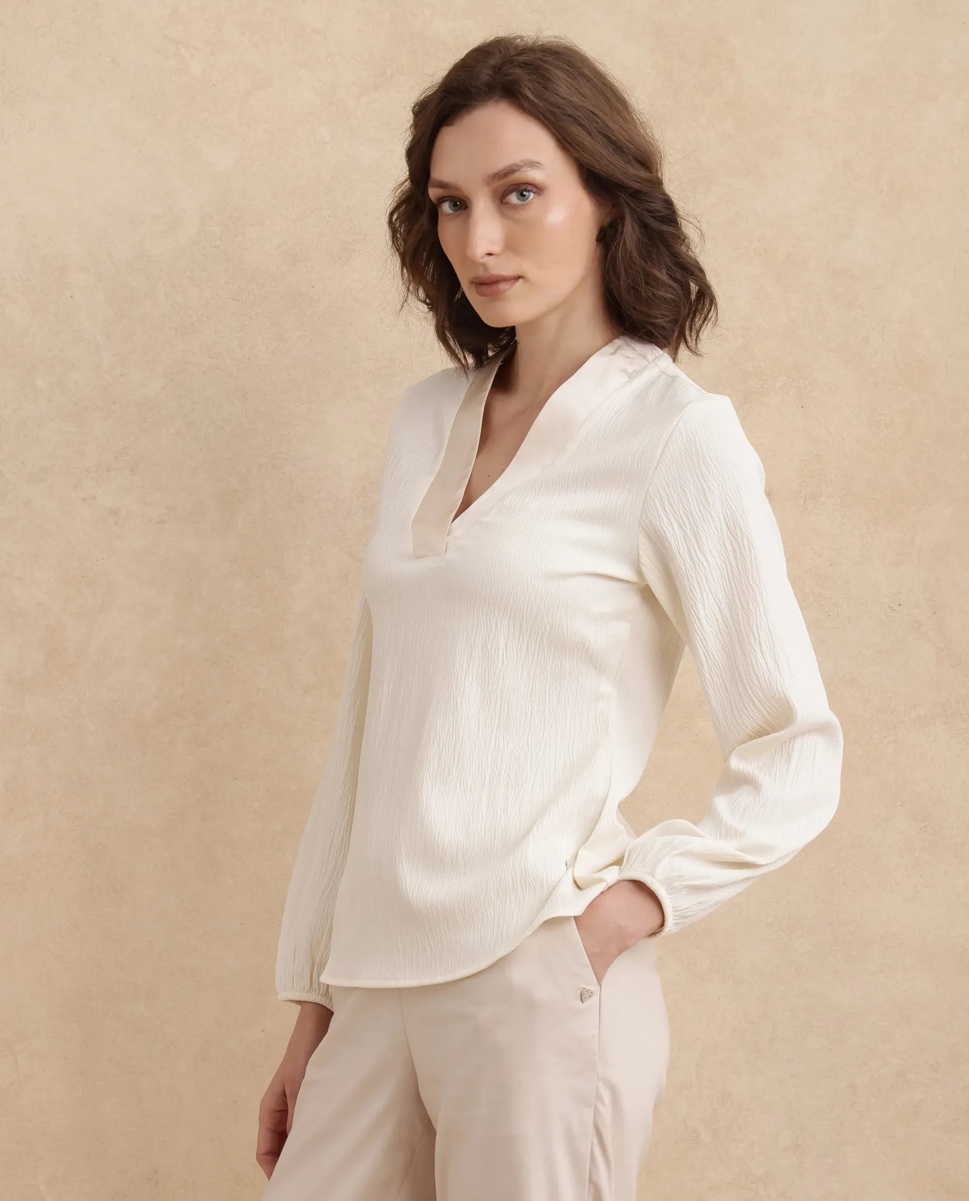 Rareism Women Boco Beige Full Sleeve V-Neck Regular Fit Plain Top