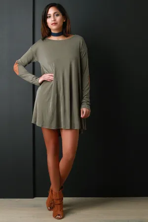 Rib Knit Elbow Patch Long Sleeve Shift Dress