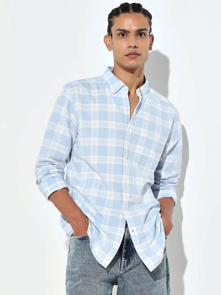WES Casuals Light Blue Checkered Print Slim Fit Shirt