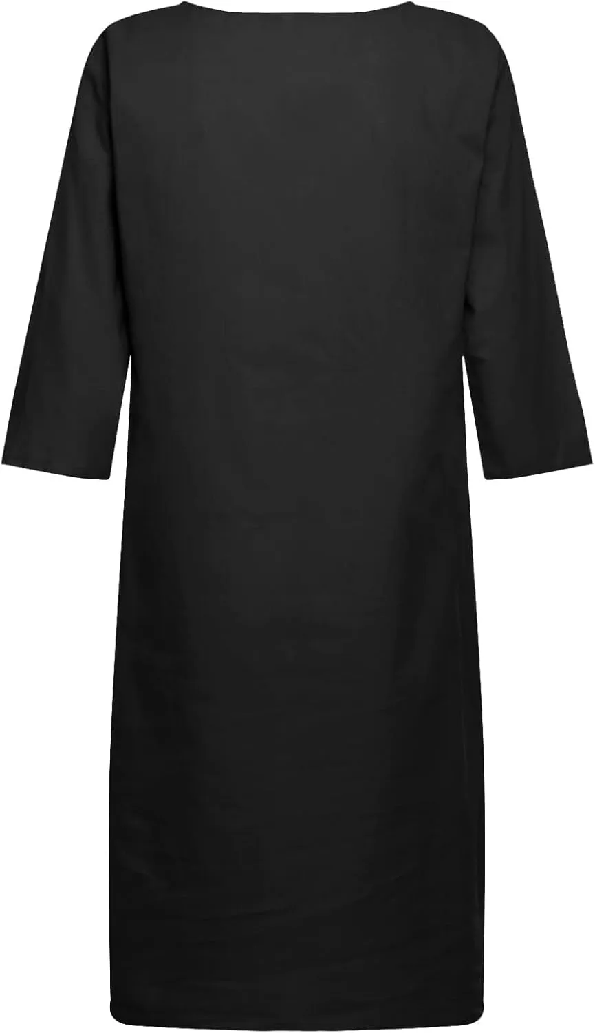 Women Summer Midi Shirt Dresses V Neck Linen Dress Summer Half Sleeve Knee Length Shift Dress Lapel Casual Cotton Linen Dress