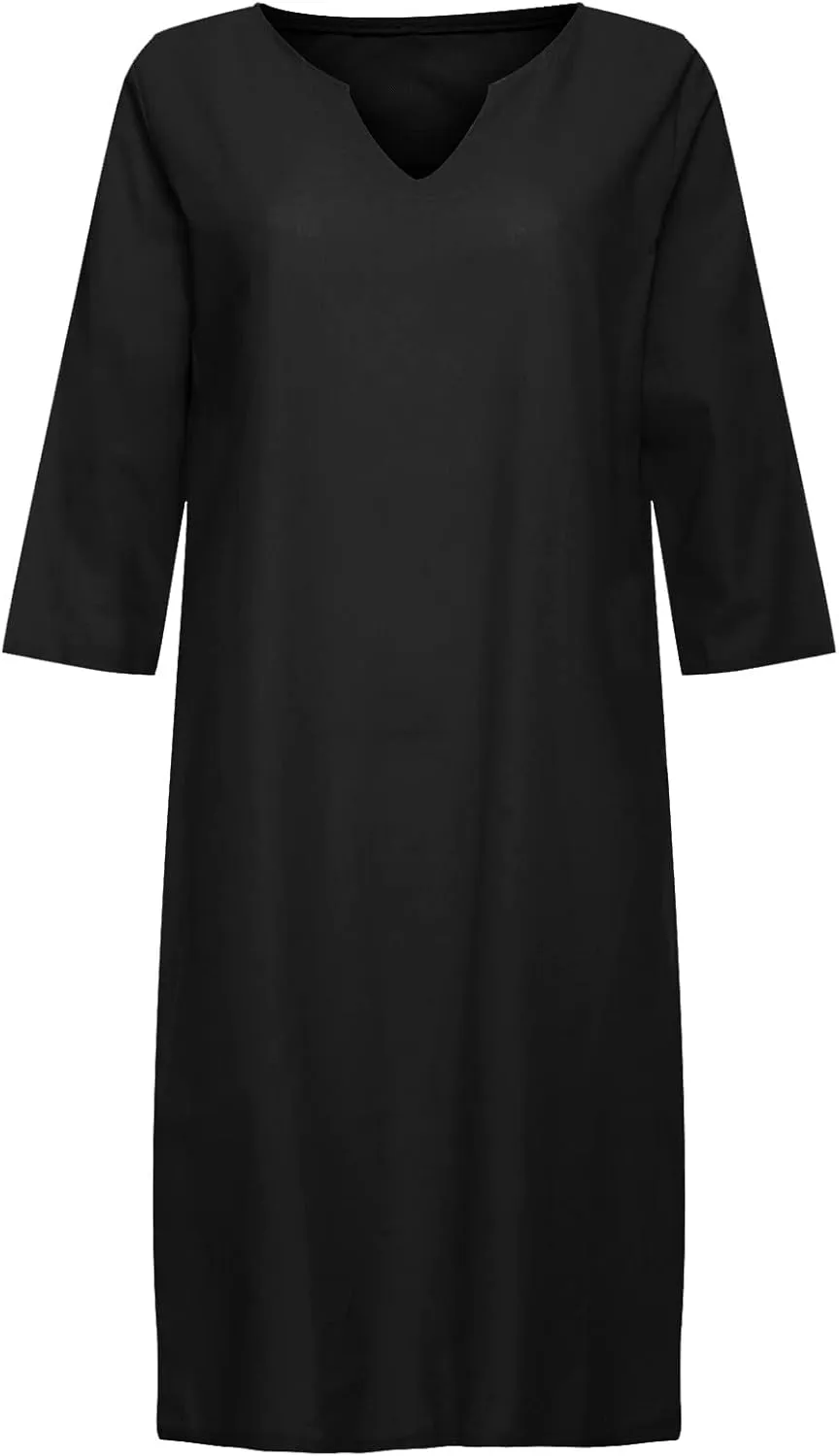 Women Summer Midi Shirt Dresses V Neck Linen Dress Summer Half Sleeve Knee Length Shift Dress Lapel Casual Cotton Linen Dress