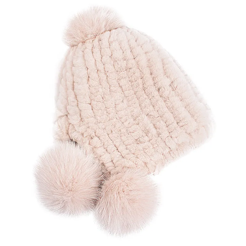 Women's ear protection fur hat in winter Rex rabbit hair knitting with fox hair three balls for warmth and thickening