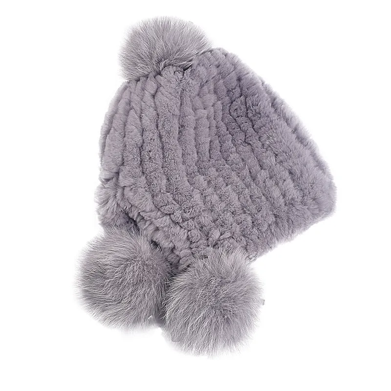 Women's ear protection fur hat in winter Rex rabbit hair knitting with fox hair three balls for warmth and thickening