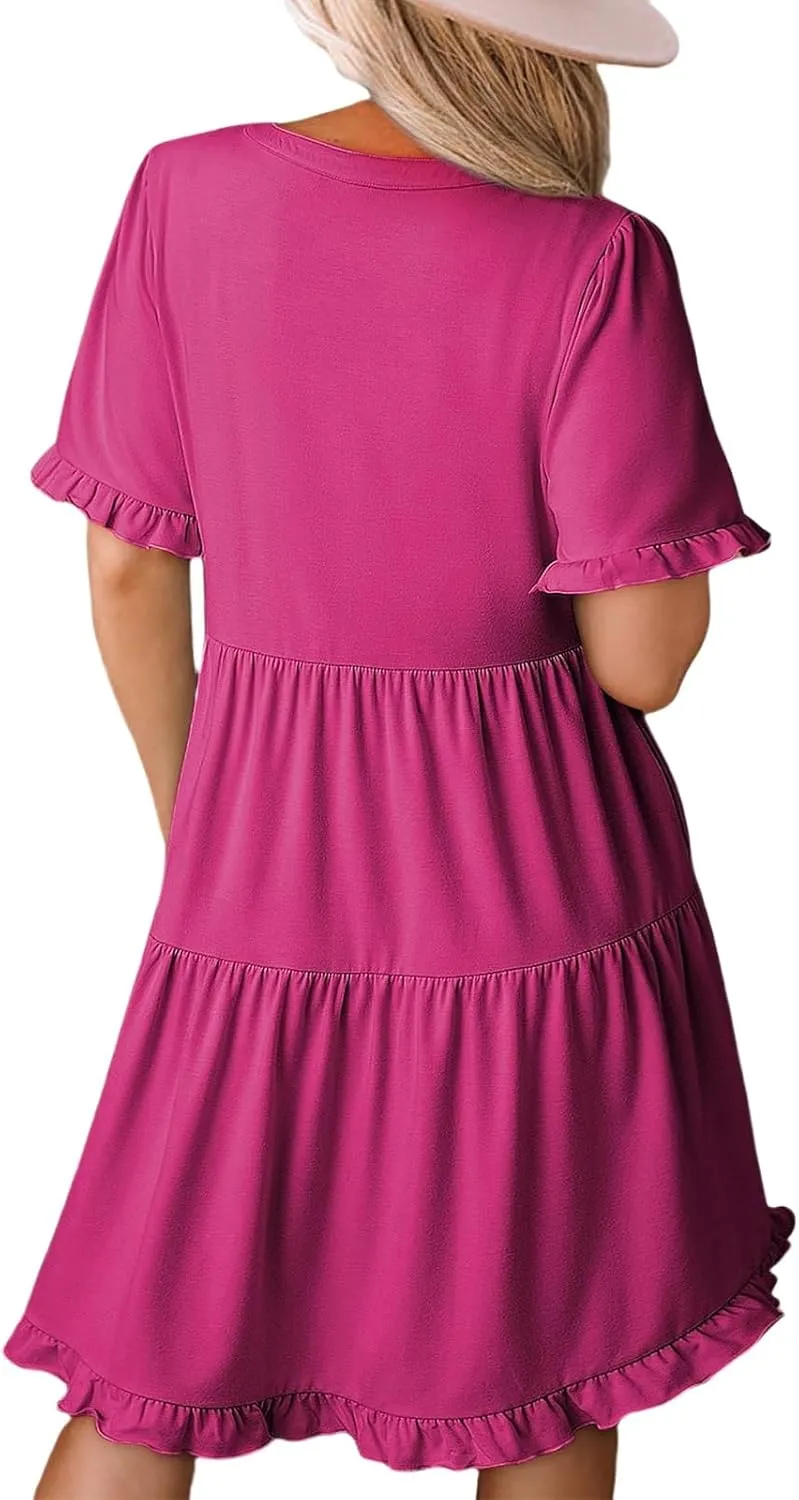 Womens Short Sleeve Dress Summer Casual V Neck Ruffle A Line Shift Dress Spring Flowy Swing Tiered Mini Dresses