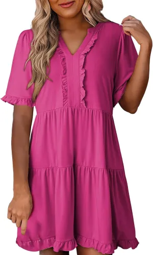 Womens Short Sleeve Dress Summer Casual V Neck Ruffle A Line Shift Dress Spring Flowy Swing Tiered Mini Dresses