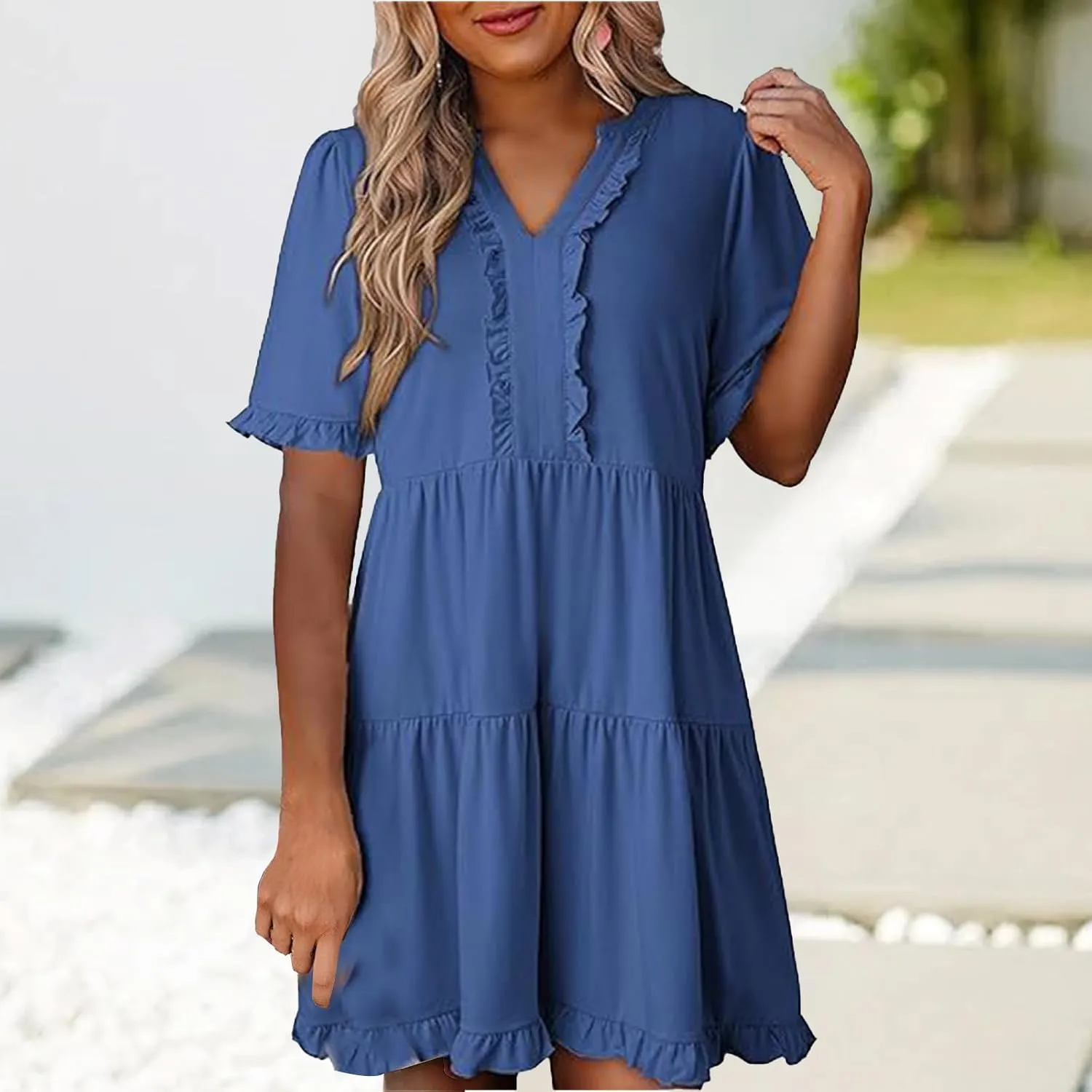 Womens Short Sleeve Dress Summer Casual V Neck Ruffle A Line Shift Dress Spring Flowy Swing Tiered Mini Dresses