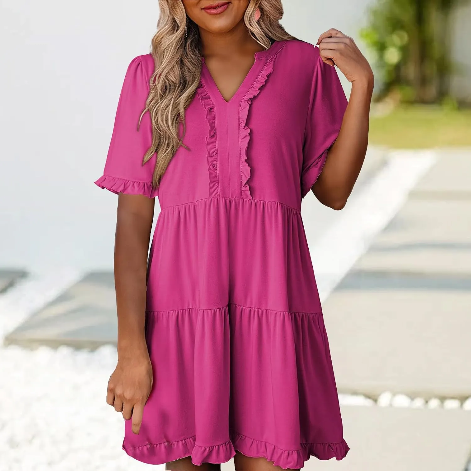 Womens Short Sleeve Dress Summer Casual V Neck Ruffle A Line Shift Dress Spring Flowy Swing Tiered Mini Dresses
