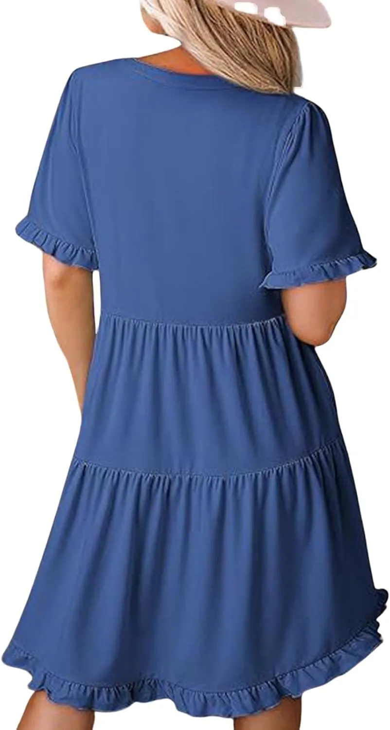 Womens Short Sleeve Dress Summer Casual V Neck Ruffle A Line Shift Dress Spring Flowy Swing Tiered Mini Dresses