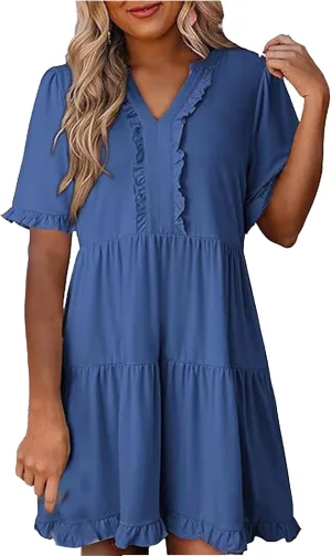 Womens Short Sleeve Dress Summer Casual V Neck Ruffle A Line Shift Dress Spring Flowy Swing Tiered Mini Dresses